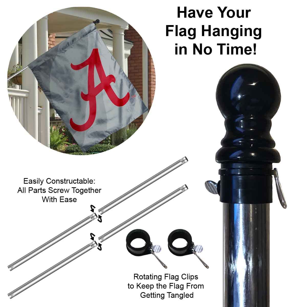 College Flags & Banners Co. Crimson Tide Double Logo Gray Banner Flag with Pole Set - Sports Collectibles, Sports Memorabilia, Sports Fan Shop, Sports Gifts