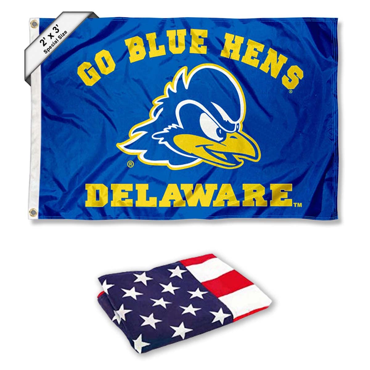 College Flags & Banners Co. Delaware Blue Hens Small 2'x3' Flag and USA 3x5 Foot Flag Set - Sports Collectibles, Sports Memorabilia, Sports Fan Shop, Sports Gifts