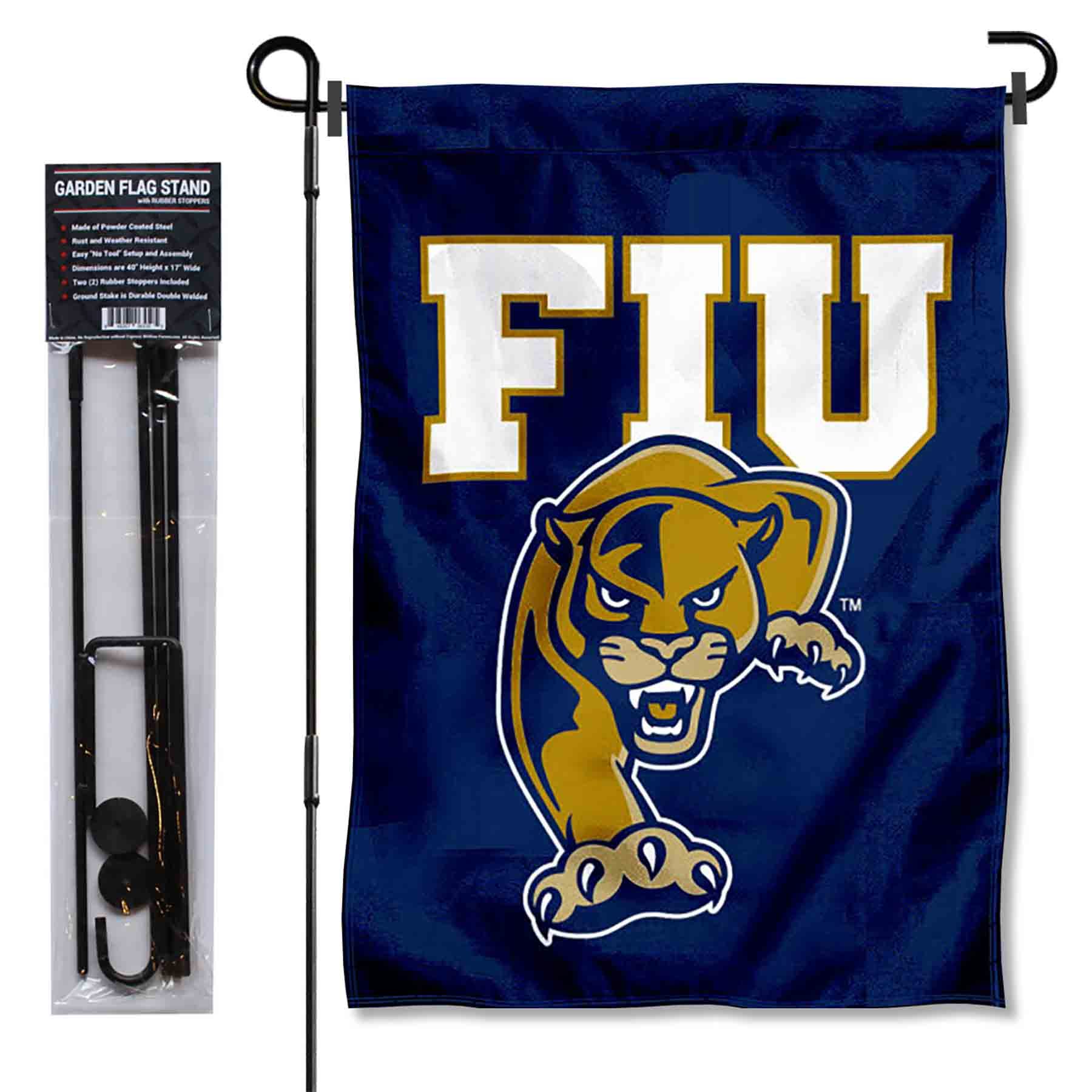 College Flags & Banners Co. Florida International Panthers Garden Flag with Pole Stand Holder - Sports Collectibles, Sports Memorabilia, Sports Fan Shop, Sports Gifts