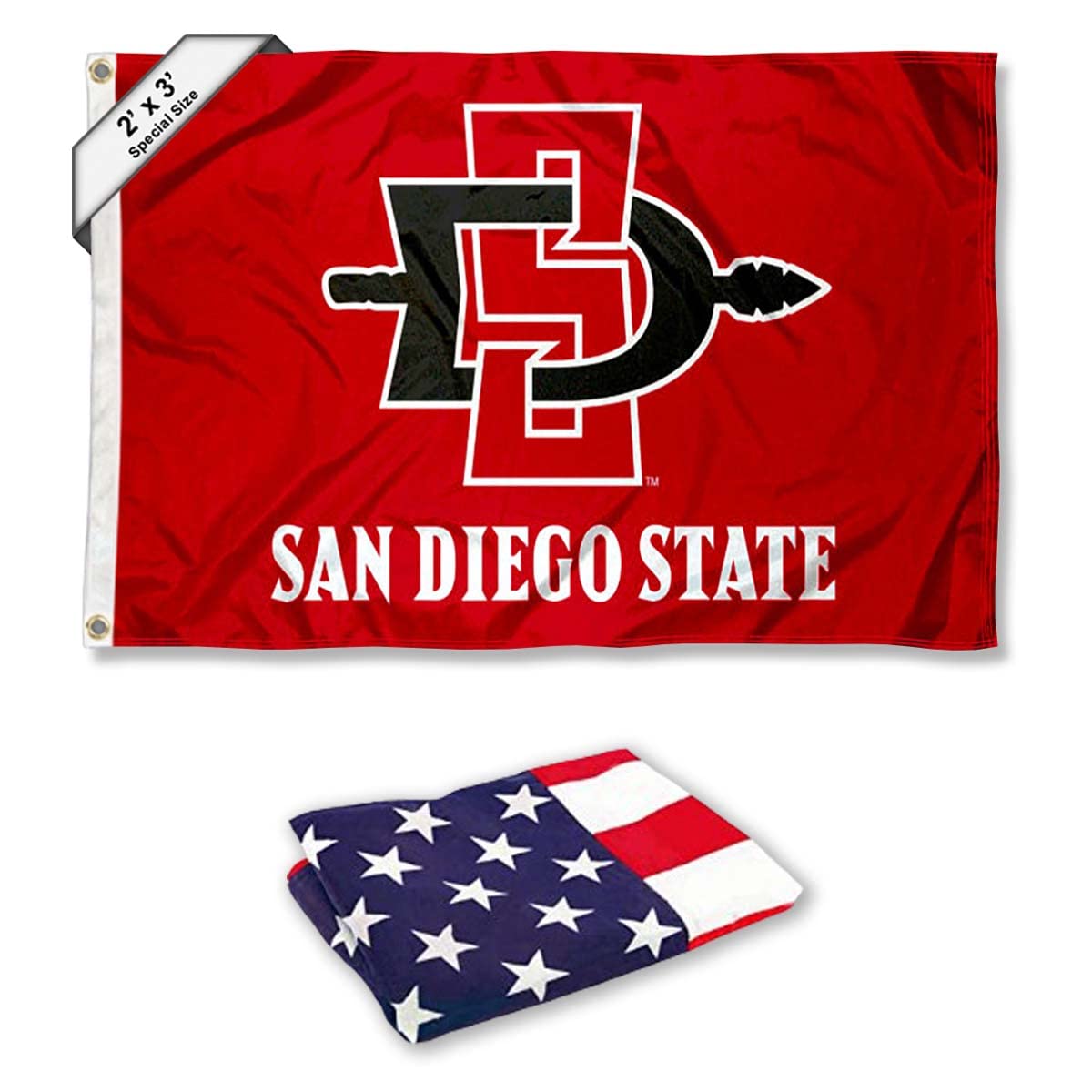 San Diego State Aztecs Small 2'x3' Flag and USA 3x5 Flag Set - Sports Collectibles, Sports Memorabilia, Sports Fan Shop, Sports Gifts