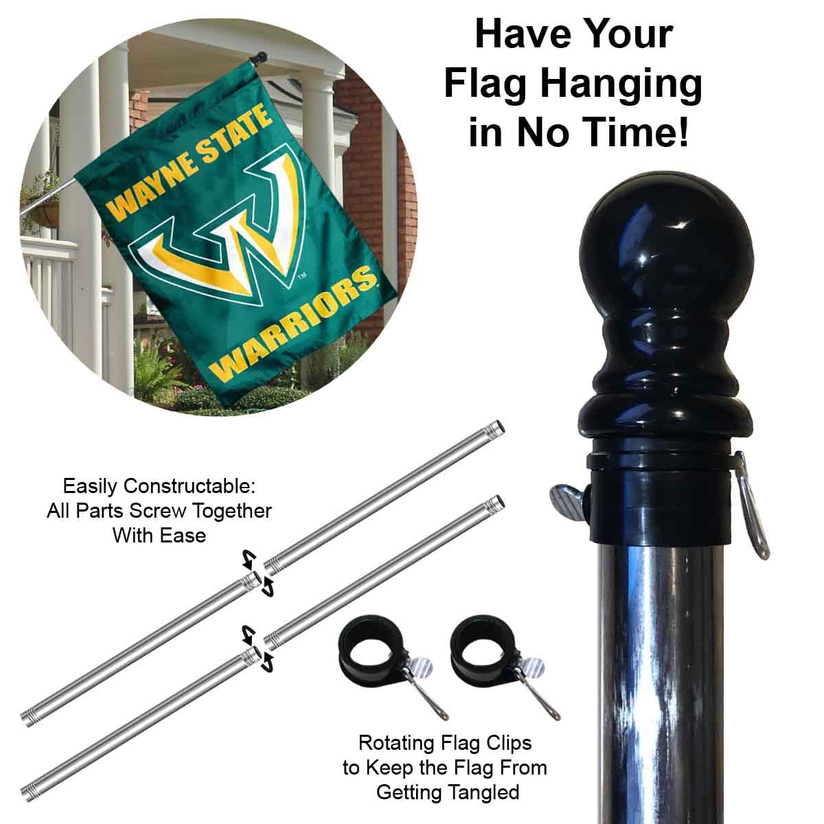 Wayne State University Banner Flag with Flag Pole Set - Sports Collectibles, Sports Memorabilia, Sports Fan Shop, Sports Gifts