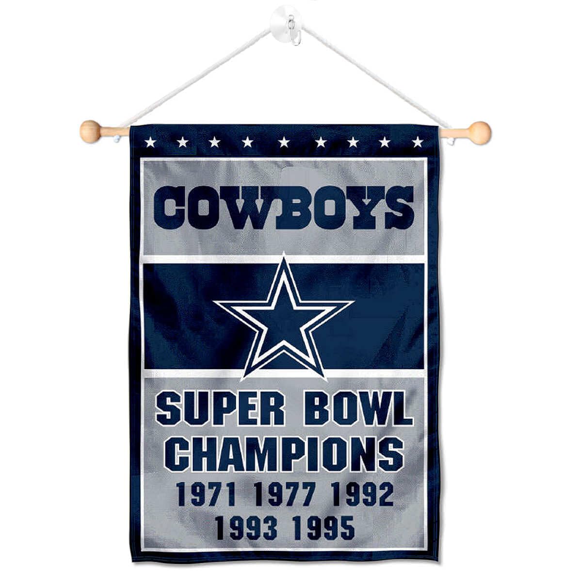 Dallas Cowboys 5 Time Champions Banner Window Wall Hanging Flag with Suction Cup - Sports Collectibles, Sports Memorabilia, Sports Fan Shop, Sports Gifts