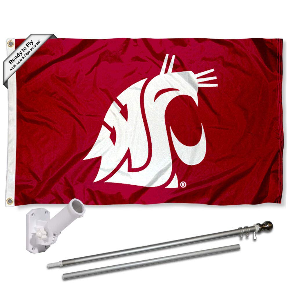 College Flags & Banners Co. Washington State Cougars Wave The Flag Flag with Pole and Bracket Kit - Sports Collectibles, Sports Memorabilia, Sports Fan Shop, Sports Gifts