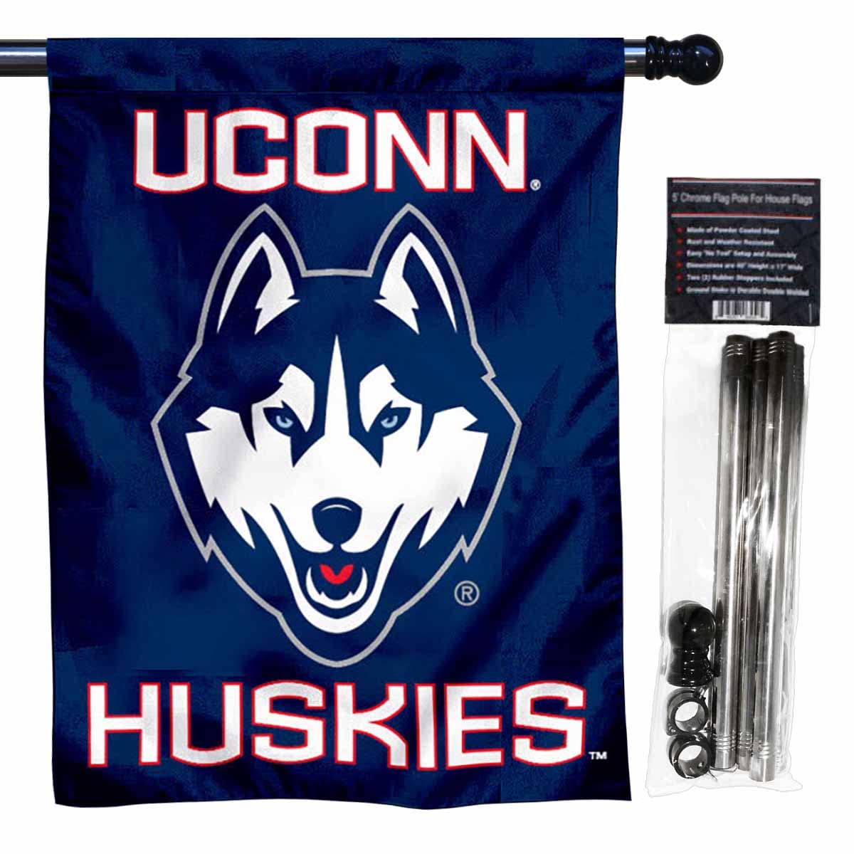 Connecticut Huskies House Flag with Flag Pole Set - Sports Collectibles, Sports Memorabilia, Sports Fan Shop, Sports Gifts