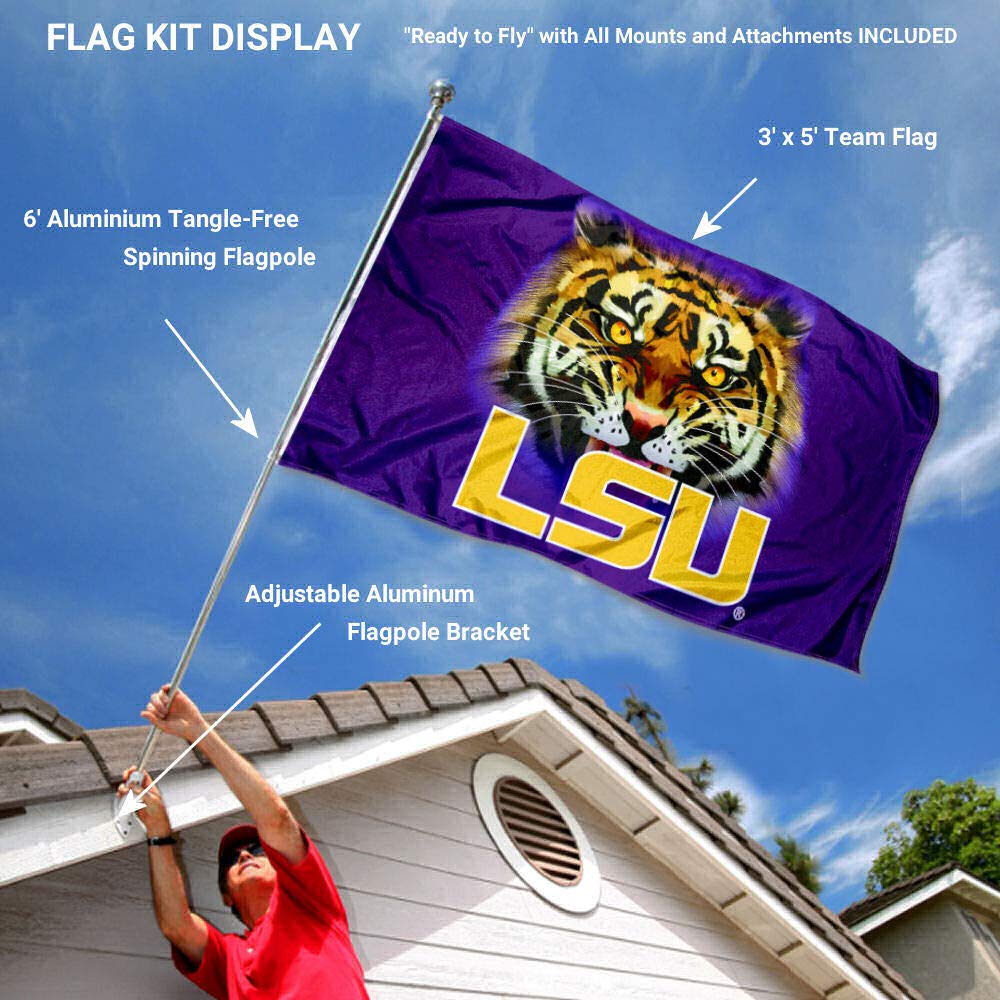 College Flags & Banners Co. Louisiana State LSU Tigers Tiger Eyes Flag with Pole and Bracket Kit - Sports Collectibles, Sports Memorabilia, Sports Fan Shop, Sports Gifts
