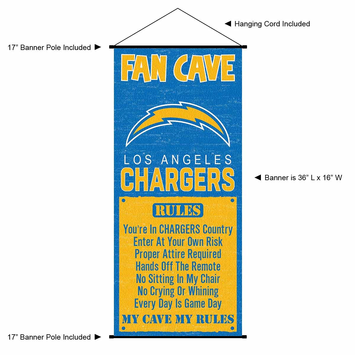 WinCraft Los Angeles Chargers Man Cave Fan Banner Wall Door Scroll - Sports Collectibles, Sports Memorabilia, Sports Fan Shop, Sports Gifts