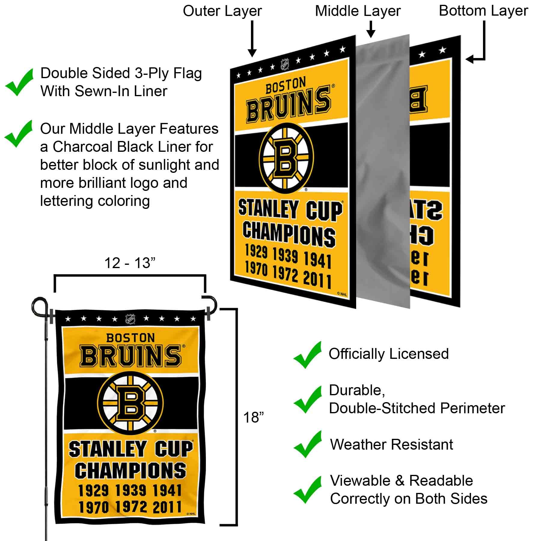 WinCraft Boston Bruins 6 Time Stanley Cup Champions Double Sided Garden Flag - Sports Collectibles, Sports Memorabilia, Sports Fan Shop, Sports Gifts