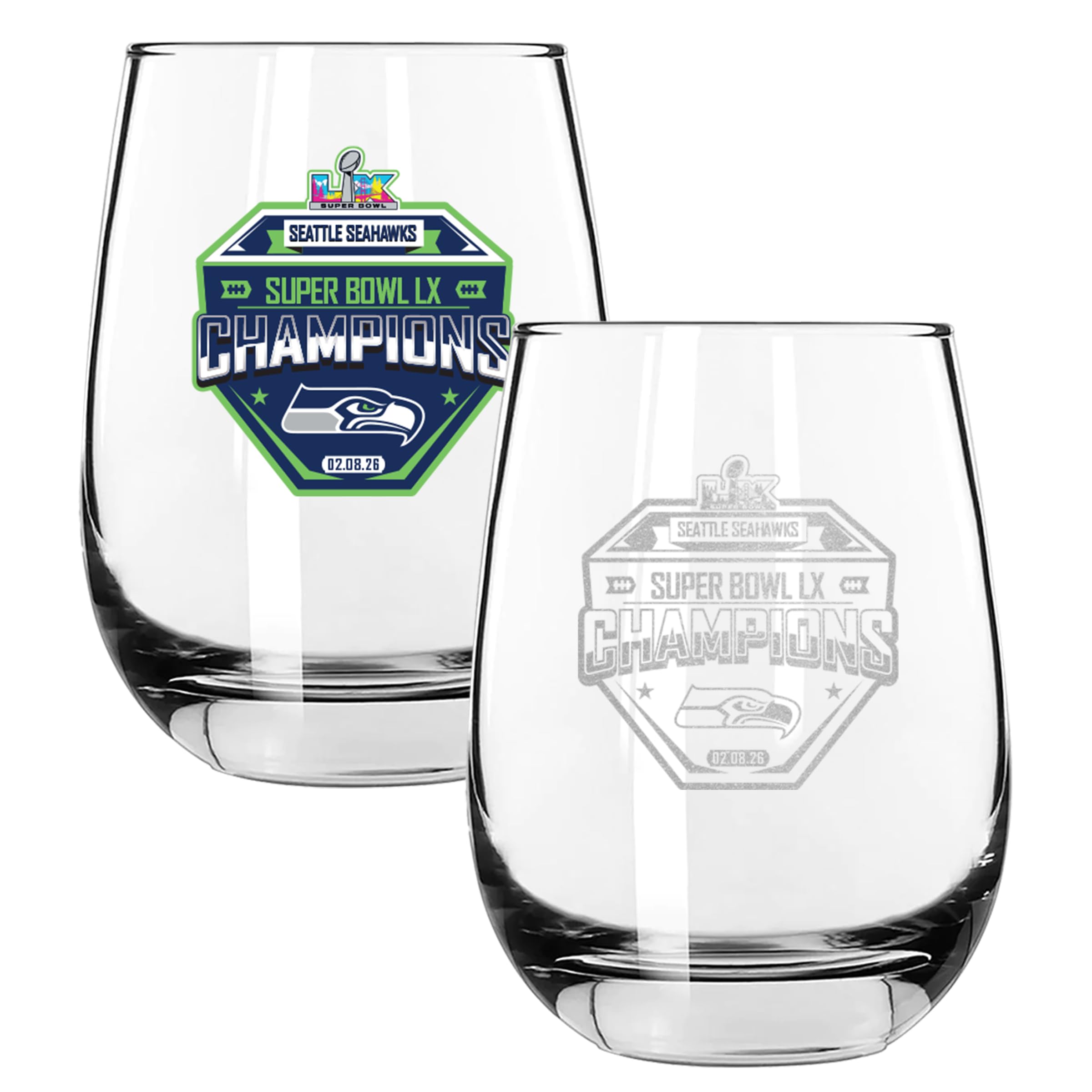 The Memory Company Officially Licensed NFL Seattle Seahawks 2026 Super Bowl LX Champions 2-Pack 15oz Stemless Wine Glass Set, Etched - Sports Gifts, Sports Memorabilia, Sports Collectibles, Fan Shop