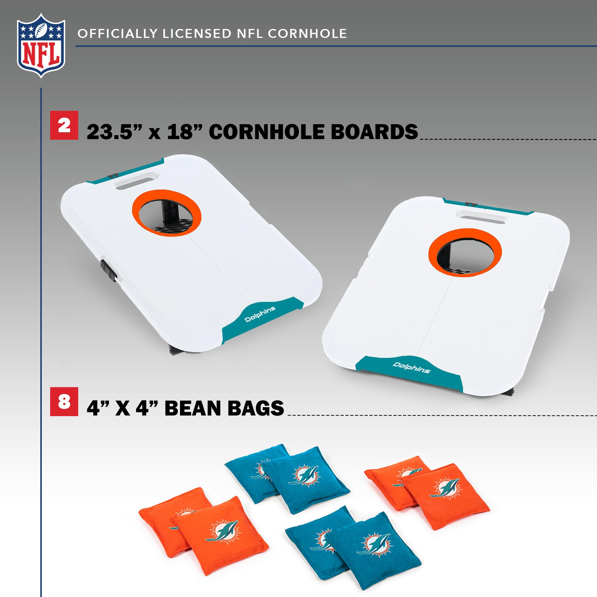 Wild Sports NFL Miami Dolphins Pro Football All-Weather Cornhole Set - Travel Bean Bag Toss Set Includes 8 Bean Bags - Sports Collectibles, Sports Memorabilia, Sports Fan Shop, Sports Gifts