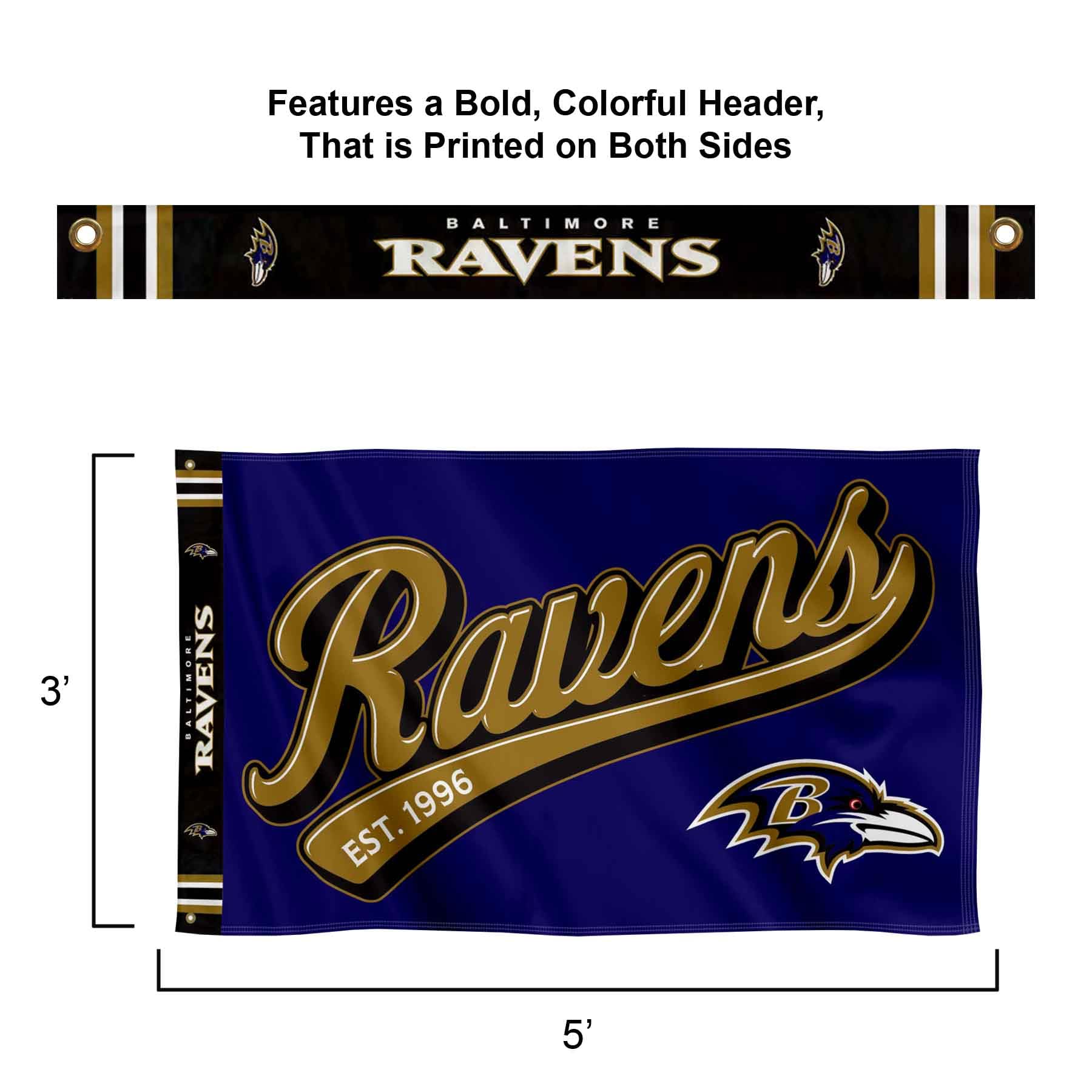 WinCraft Baltimore Ravens Script Logo Premium Flag - Sports Collectibles, Sports Memorabilia, Sports Fan Shop, Sports Gifts