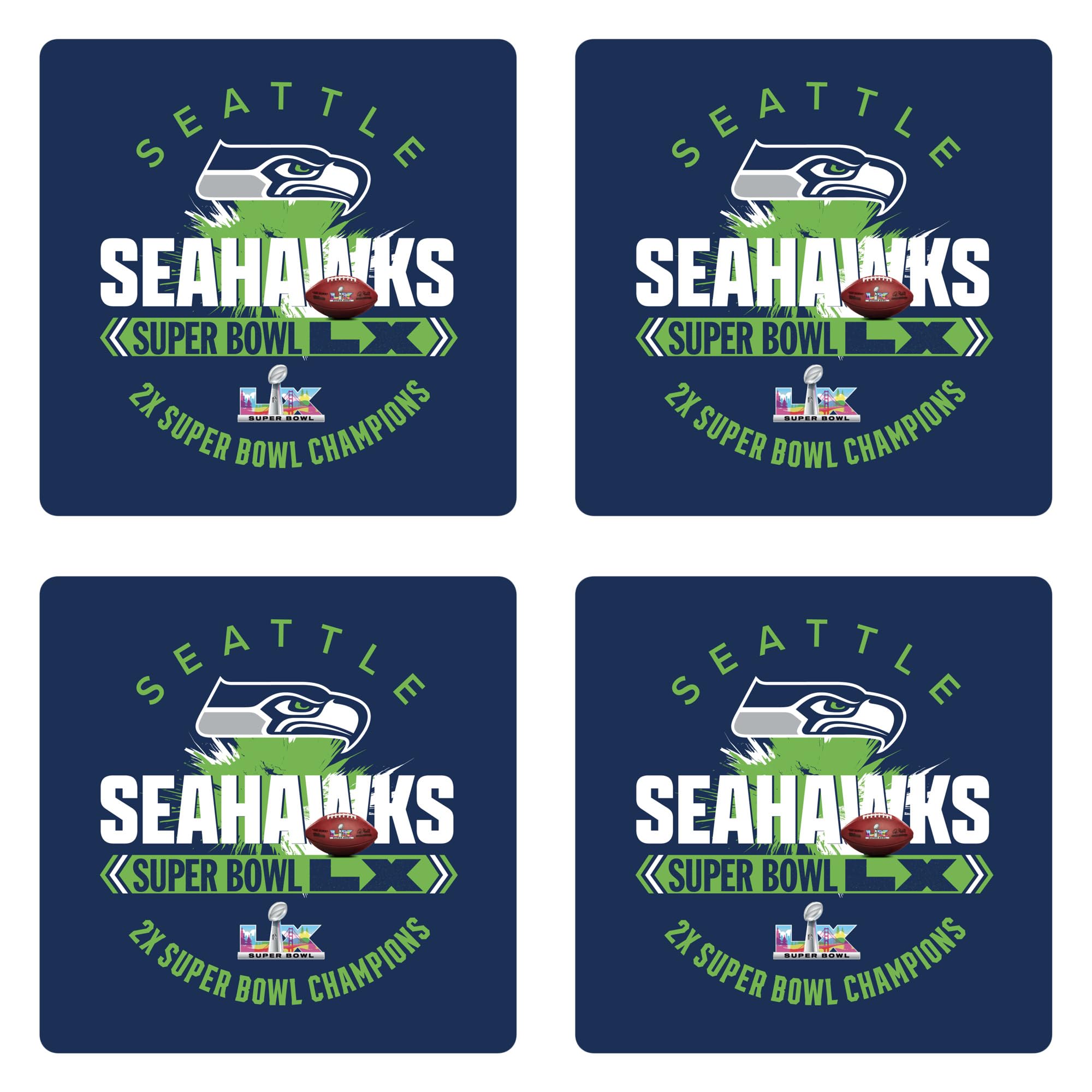 Fan Creations Seattle Seahawks Super Bowl LX Champions Coaster Set - Absorbent Ceramic Stone Drink Coasters with Cork Backing - Commemorative NFL Home & Man Cave Decor - 4-Pack - Sports Gifts, Sports Memorabilia, Sports Collectibles, Fan Shop