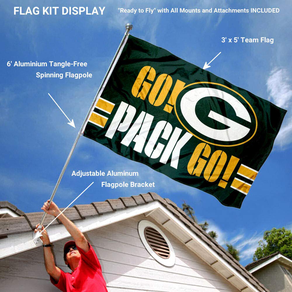 WinCraft Green Bay Packers Go Pack Go Flag Pole and Bracket Mount Kit - Sports Collectibles, Sports Memorabilia, Sports Fan Shop, Sports Gifts