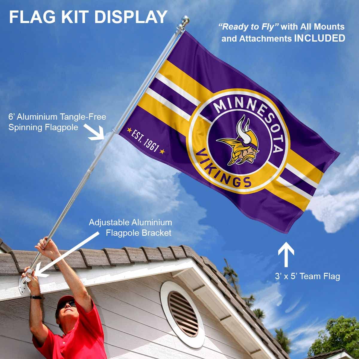 WinCraft Minnesota Vikings Patch Button Flag Pole and Bracket Mount Kit - Sports Collectibles, Sports Memorabilia, Sports Fan Shop, Sports Gifts