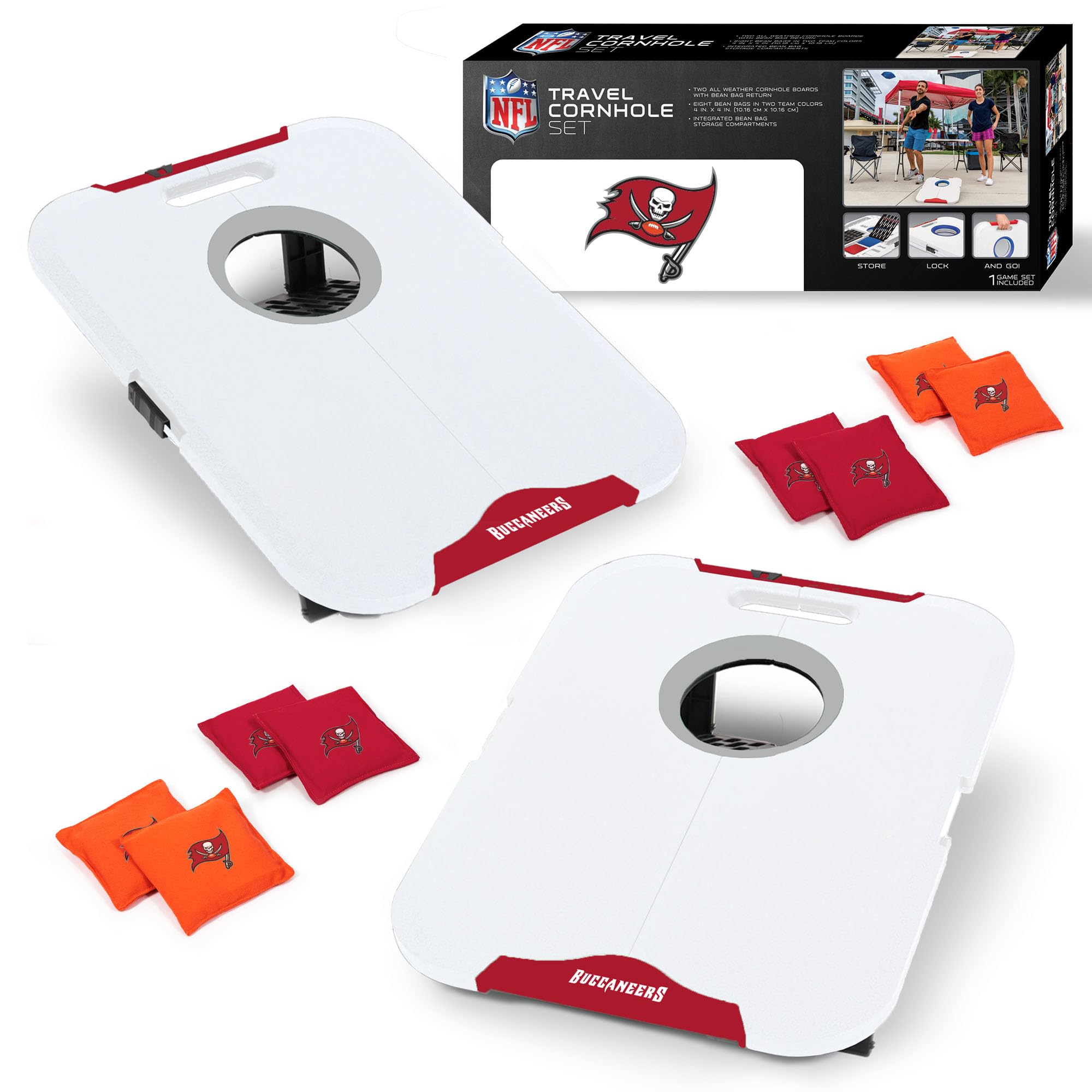 Wild Sports NFL Tampa Bay Buccaneers Pro Football All-Weather Cornhole Set - Travel Bean Bag Toss Set Includes 8 Bean Bags - Sports Collectibles, Sports Memorabilia, Sports Fan Shop, Sports Gifts