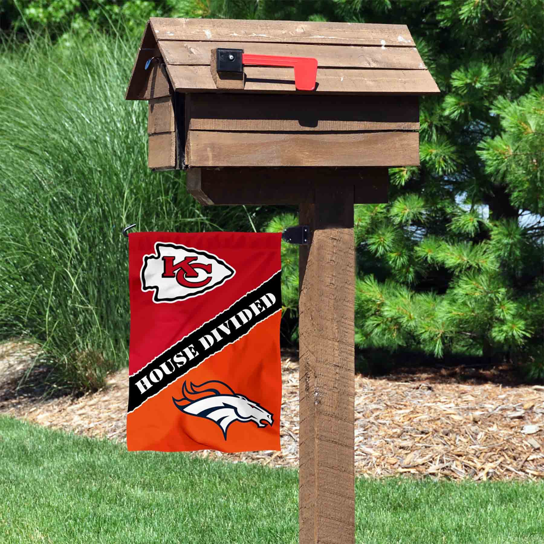 WinCraft House Divided Chiefs and Broncos Double Sided Garden Flag - Sports Collectibles, Sports Memorabilia, Sports Fan Shop, Sports Gifts