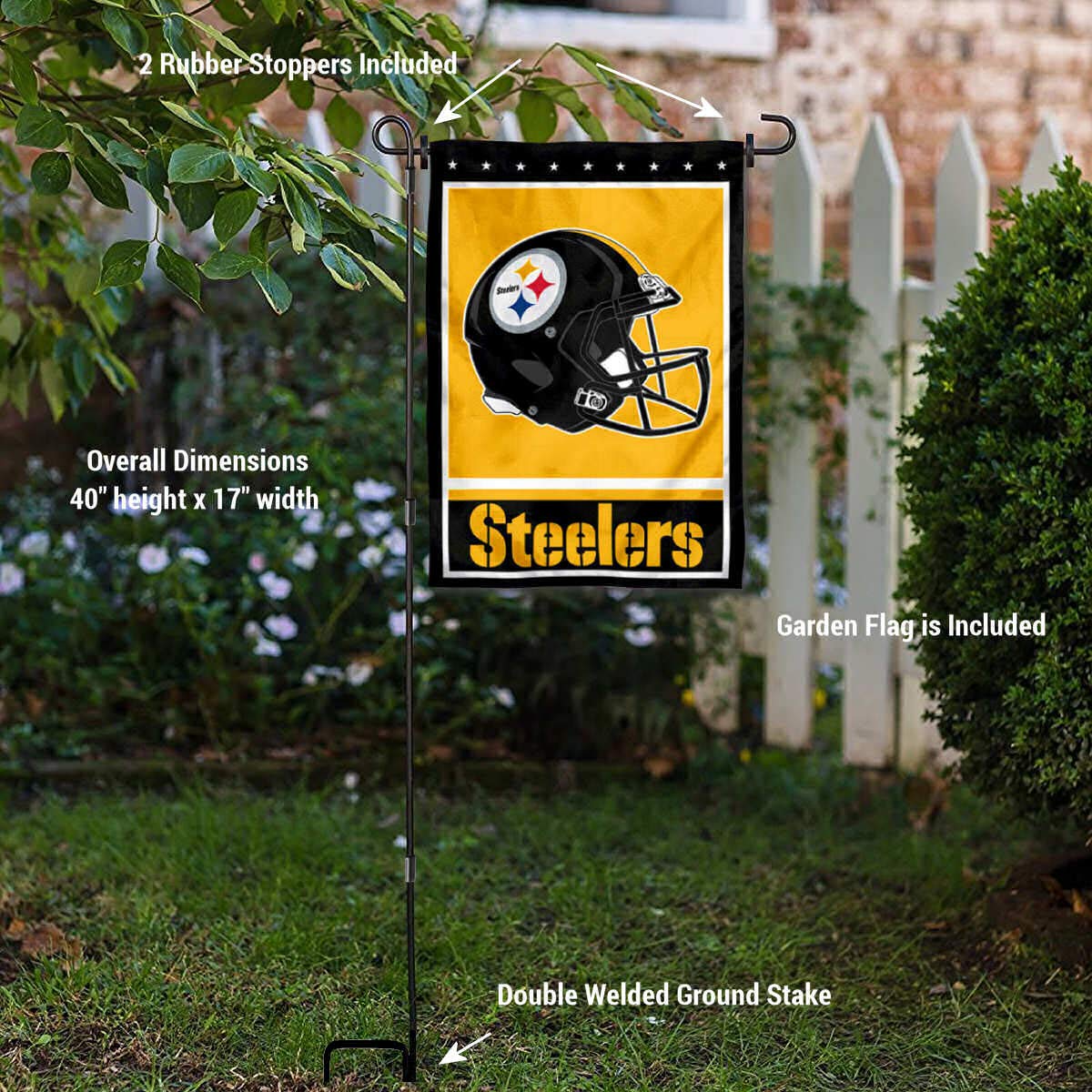 WinCraft Pittsburgh Steelers Football Garden Flag and Pole Stand Holder - Sports Collectibles, Sports Memorabilia, Sports Fan Shop, Sports Gifts