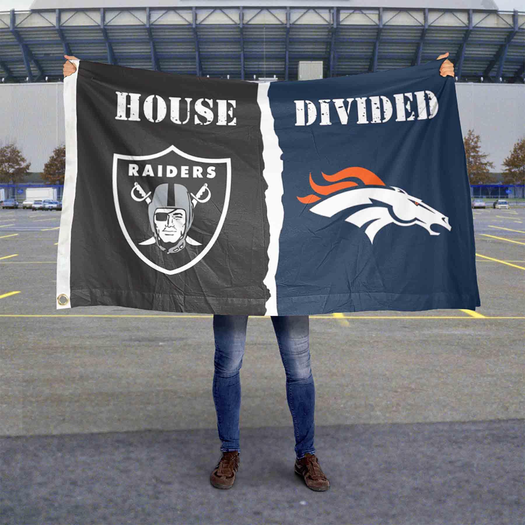 WinCraft Raiders and Broncos House Divided Flag Rivalry Banner - Sports Collectibles, Sports Memorabilia, Sports Fan Shop, Sports Gifts