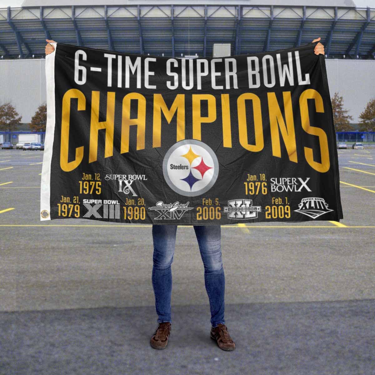 WinCraft Pittsburgh Steelers 6X and 6 Time Super Bowl Champions Flag Outdoor Indoor 3x5 Foot Banner - Sports Collectibles, Sports Memorabilia, Sports Fan Shop, Sports Gifts