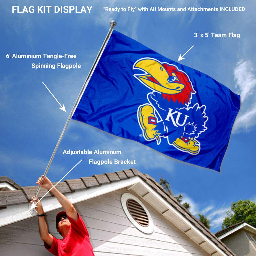 College Flags & Banners Co. Kansas Jayhawks Flag with Pole and Bracket Complete Set - Sports Collectibles, Sports Memorabilia, Sports Fan Shop, Sports Gifts