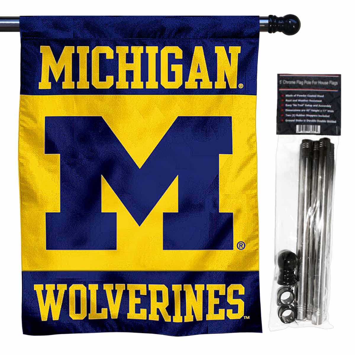 College Flags & Banners Co. Michigan Wolverines House Flag with Flag Pole Set - Sports Collectibles, Sports Memorabilia, Sports Fan Shop, Sports Gifts