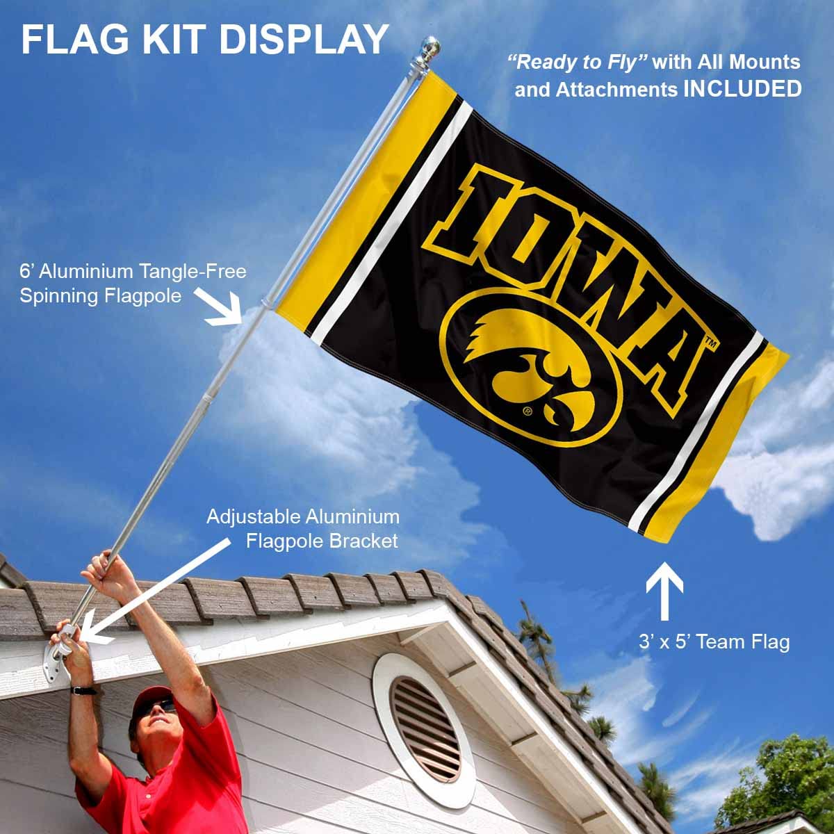 College Flags & Banners Co. Hawkeyes Arch Logo Flag with Pole and Bracket Holder University Set - Sports Collectibles, Sports Memorabilia, Sports Fan Shop, Sports Gifts
