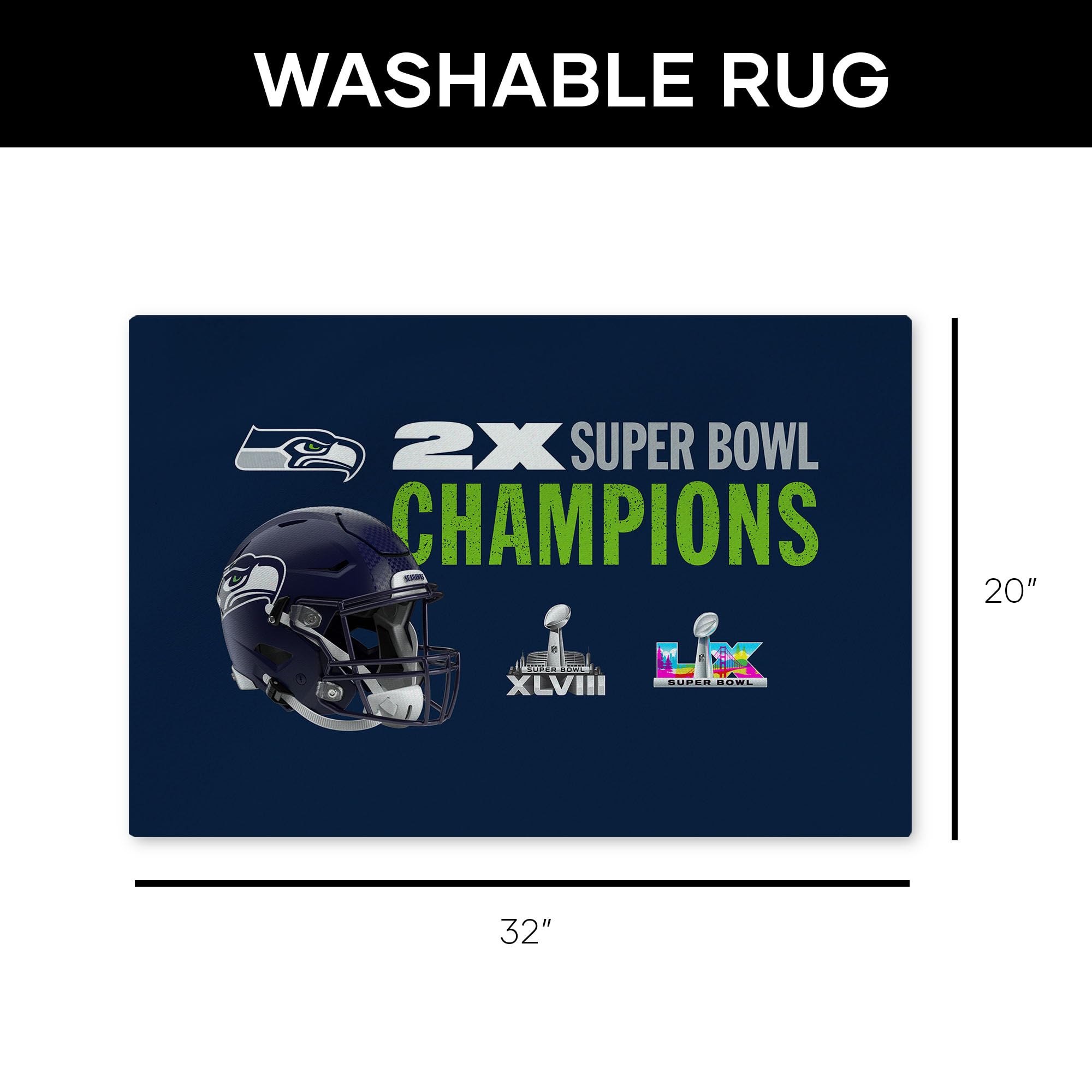 Northwest NFL Super Bowl 2026 Seattle Seahawks Multi Champs Rush Washable Rug, 20 x 32 in - Sports Gifts, Sports Memorabilia, Sports Collectibles, Fan Shop
