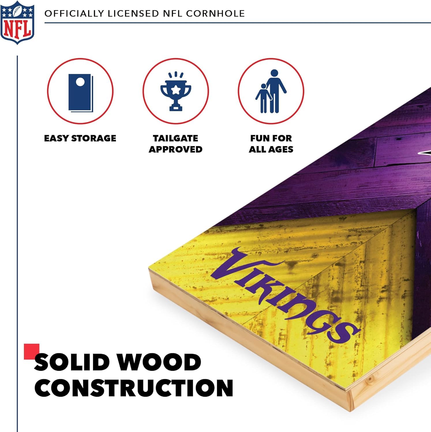 Wild Sports NFL Minnesota Vikings 2' x 4' Regulation Size Solid Wood Cornhole Set with Direct Print HD Team Graphics - Sports Collectibles, Sports Memorabilia, Sports Fan Shop, Sports Gifts
