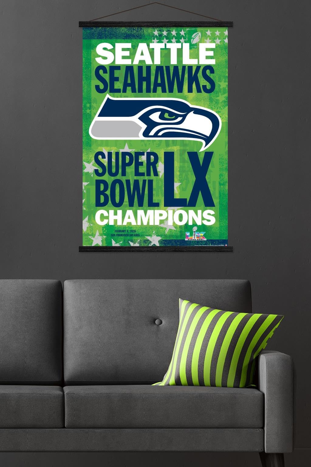 NFL Seattle Seahawks - Super Bowl LX Team Logo Wall Poster with Magnetic Frame, 34L" x 22.4W", Premium Print and Black Hanger Bundle - Sports Gifts, Sports Memorabilia, Sports Collectibles, Fan Shop