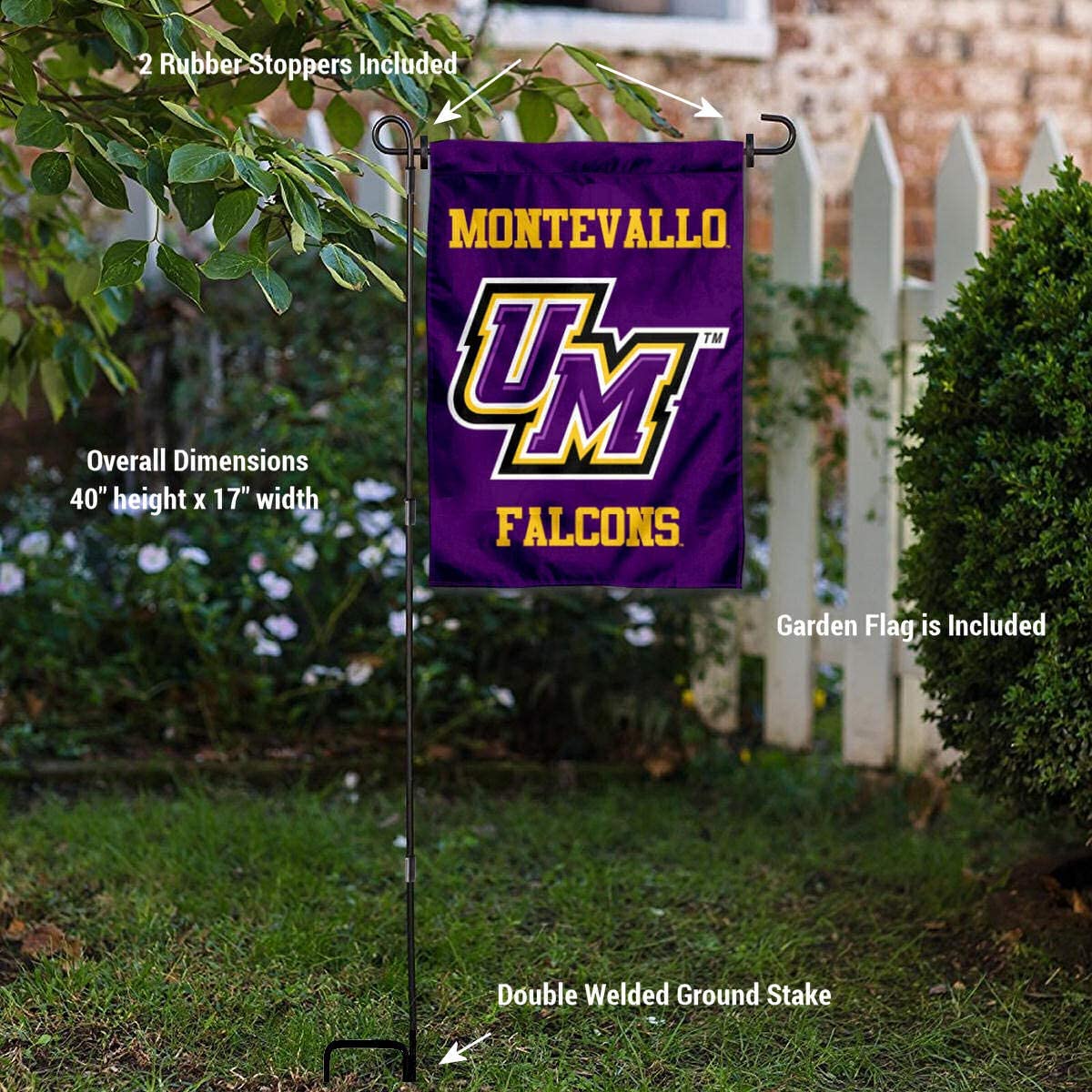 College Flags & Banners Co. Montevallo Falcons Dual Logo Garden Flag and Stand Pole Holder Set - Sports Collectibles, Sports Memorabilia, Sports Fan Shop, Sports Gifts