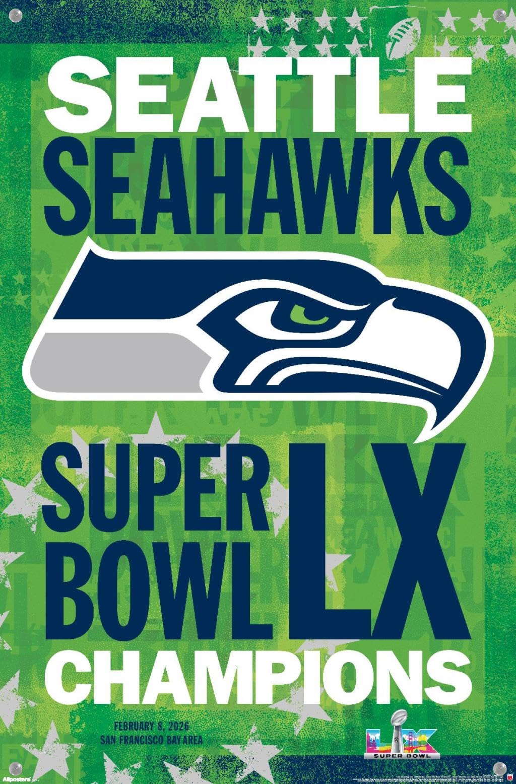 NFL Seattle Seahawks - Super Bowl LX Team Logo Wall Poster with Push Pins, 22.4L" x 14.7W", Premium Poster & Push Pin Bundle - Sports Gifts, Sports Memorabilia, Sports Collectibles, Fan Shop