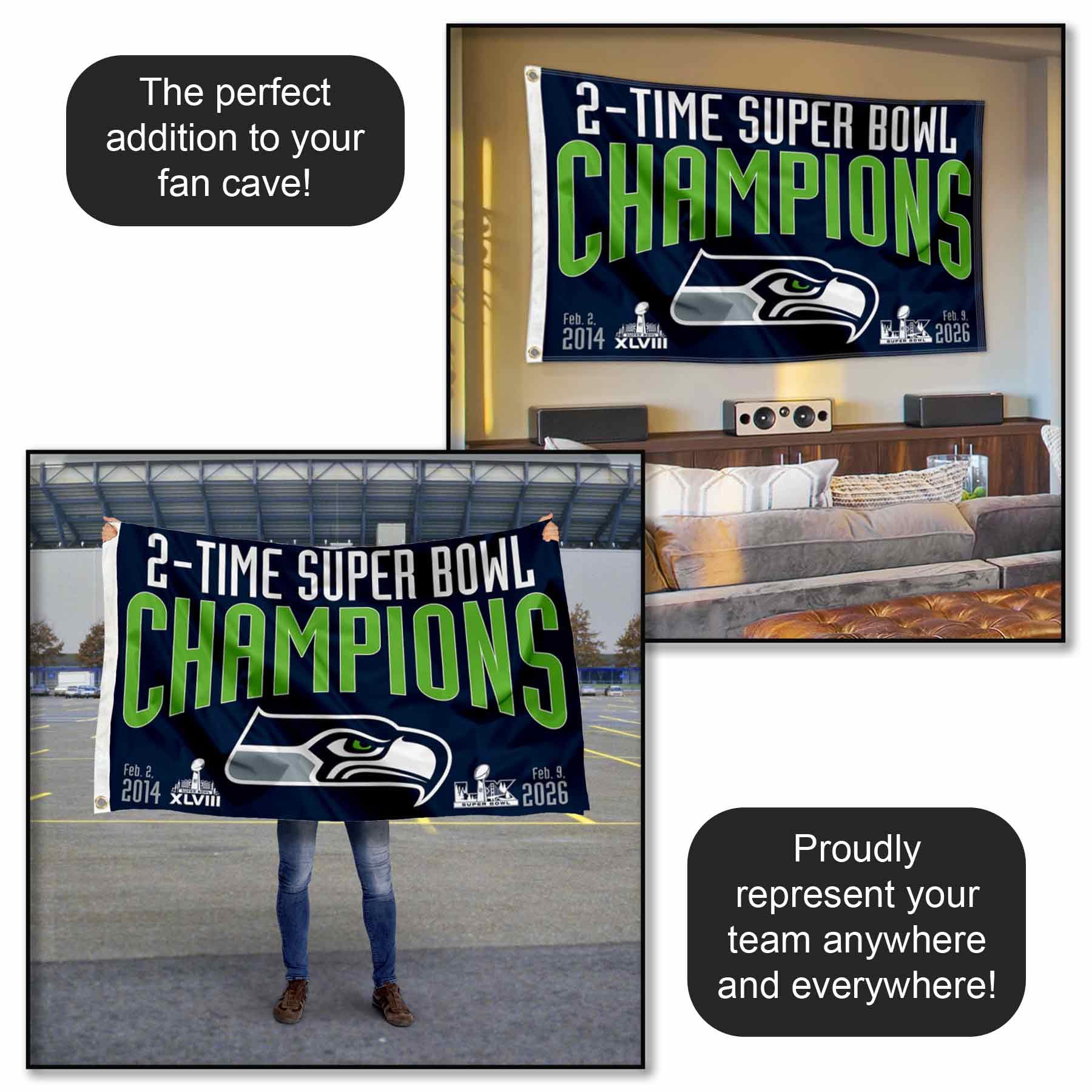 Seattle Seahawks 2 Time Super Bowl Champions Banner Flag - Sports Gifts, Sports Memorabilia, Sports Collectibles, Fan Shop
