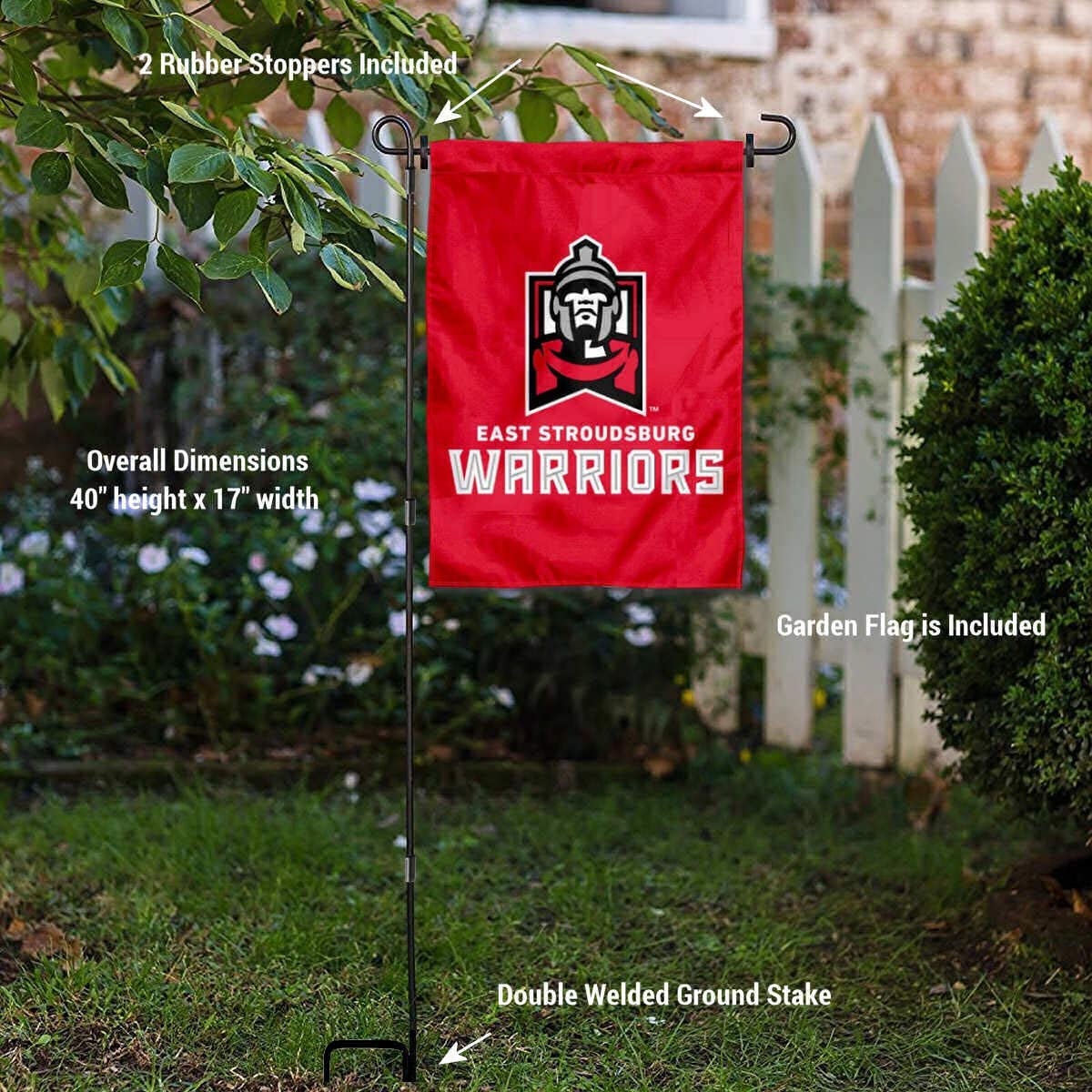 College Flags & Banners Co. East Stroudsburg Warriors Garden Flag and USA Flag Stand Pole Holder Set - Sports Collectibles, Sports Memorabilia, Sports Fan Shop, Sports Gifts