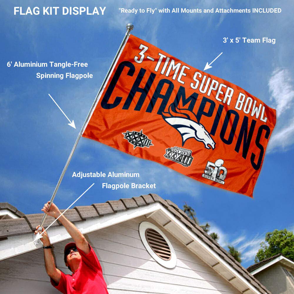 WinCraft Denver Broncos 3 Time Champs Flag Pole and Bracket Kit - Sports Collectibles, Sports Memorabilia, Sports Fan Shop, Sports Gifts