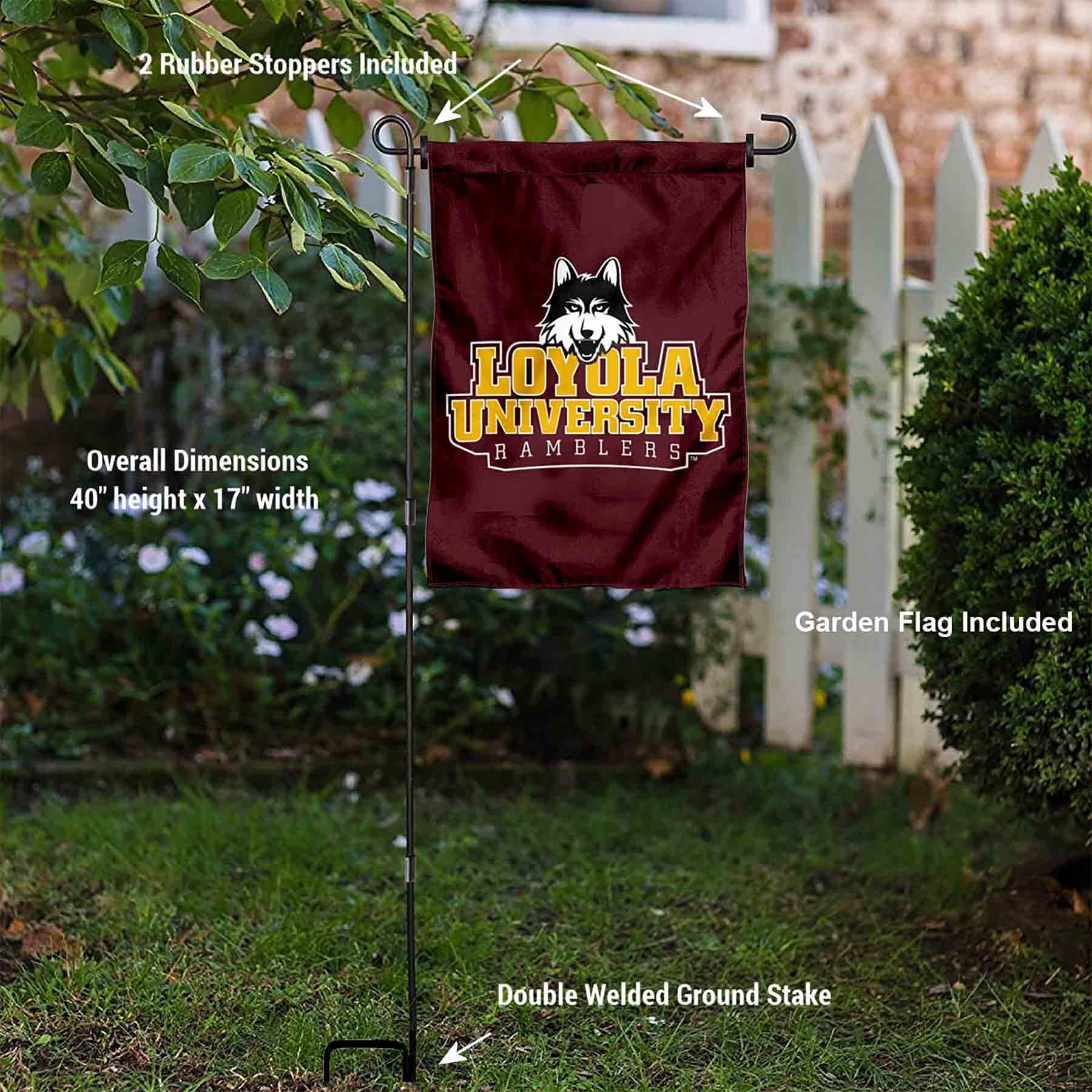 College Flags & Banners Co. Loyola Chicago Ramblers Garden Flag with Pole Stand Holder - Sports Collectibles, Sports Memorabilia, Sports Fan Shop, Sports Gifts