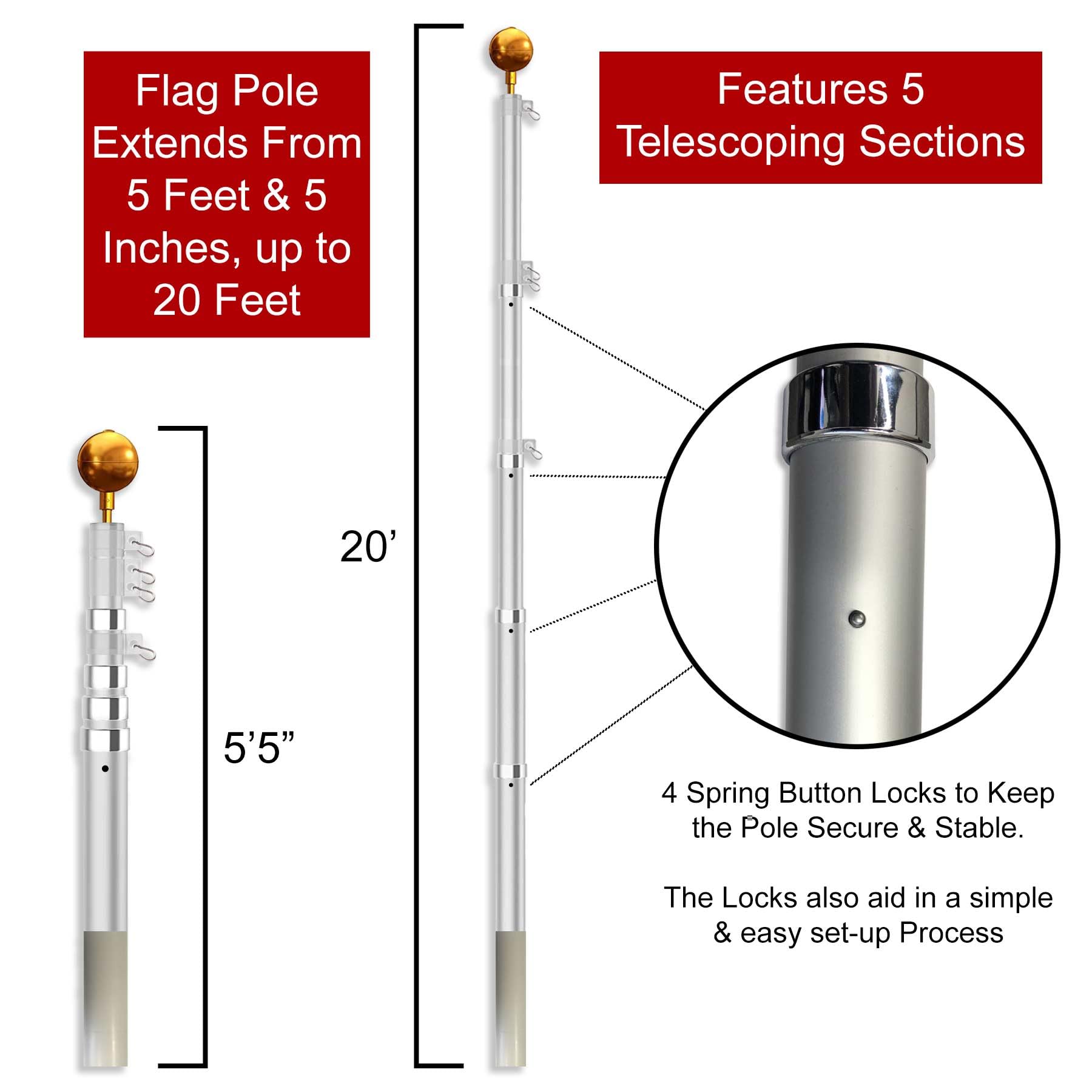 College Flags & Banners Co. 20 Feet Tailgating Flag Pole Telescopic Aluminum - Sports Collectibles, Sports Memorabilia, Sports Fan Shop, Sports Gifts