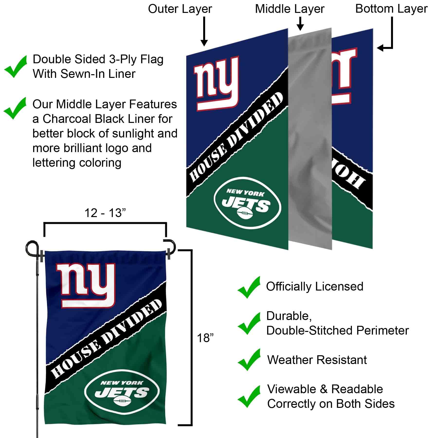 WinCraft House Divided Giants and Jets Double Sided Garden Flag - Sports Collectibles, Sports Memorabilia, Sports Fan Shop, Sports Gifts