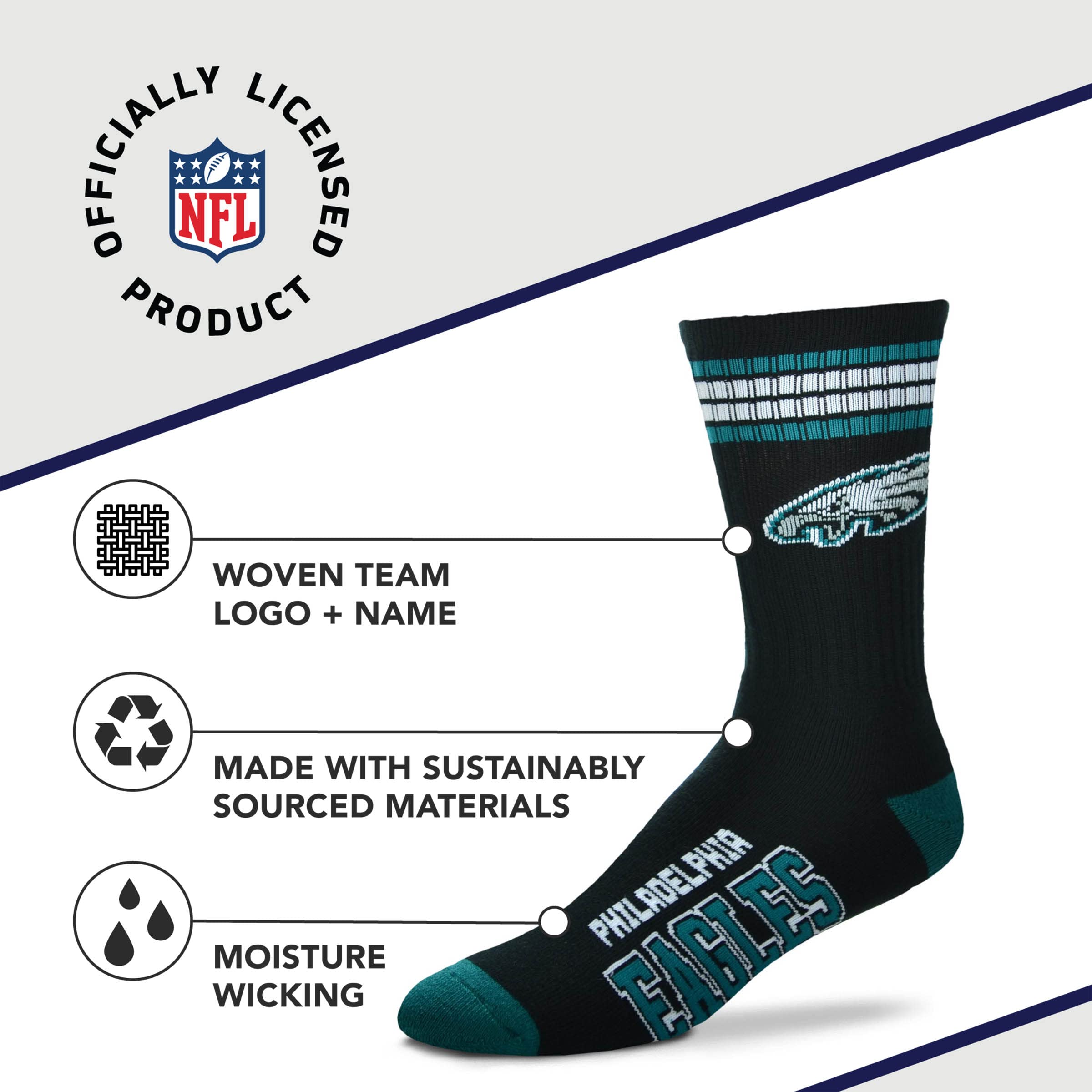 For Bare Feet NFL Youth 4 Stripe Deuce Crew Sock, Philadelphia Eagles, One Size - Sports Gifts, Sports Memorabilia, Sports Collectibles, Fan Shop