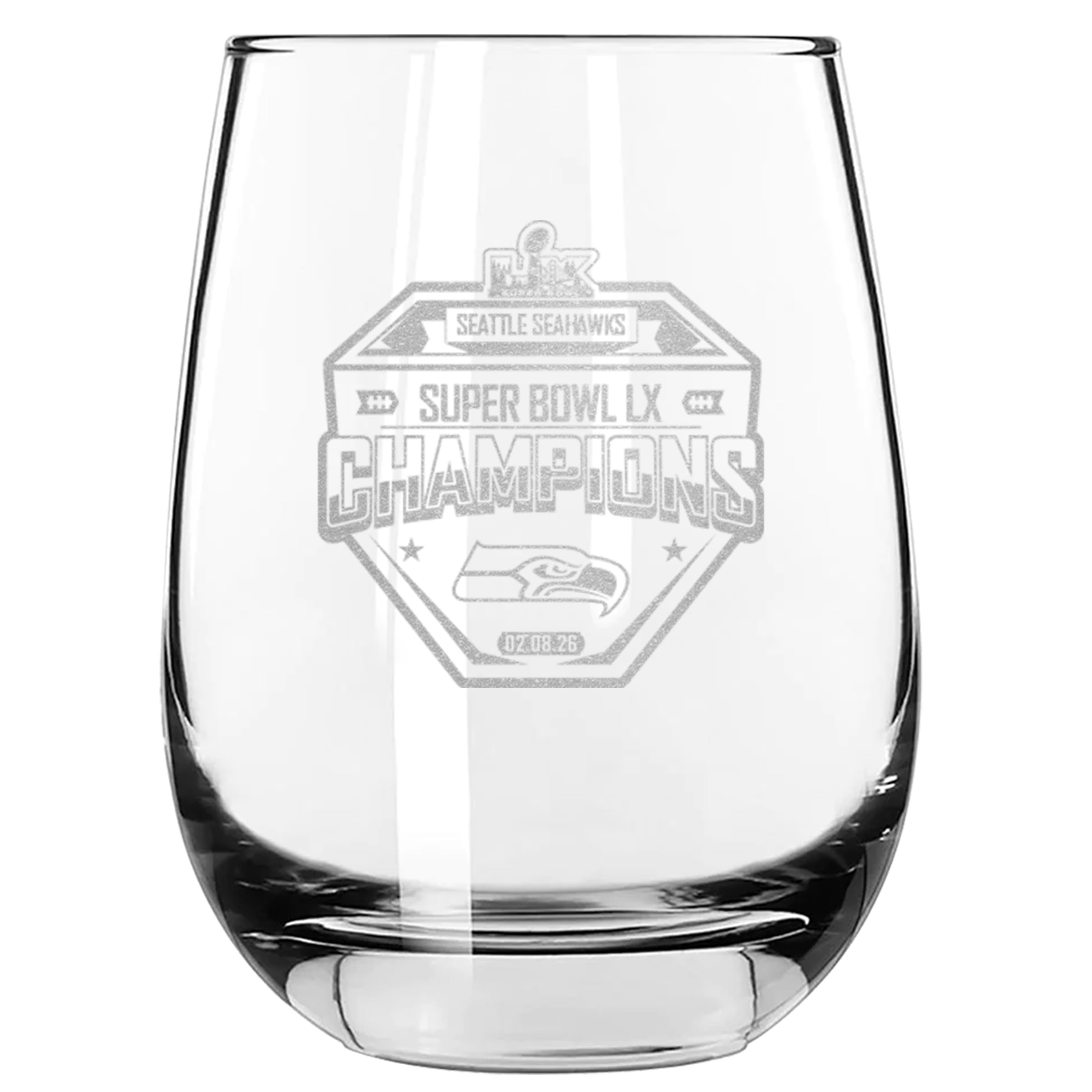 The Memory Company Officially Licensed NFL Seattle Seahawks 2026 Super Bowl LX Champions 15oz Stemless Wine Glass, Etched - Sports Gifts, Sports Memorabilia, Sports Collectibles, Fan Shop