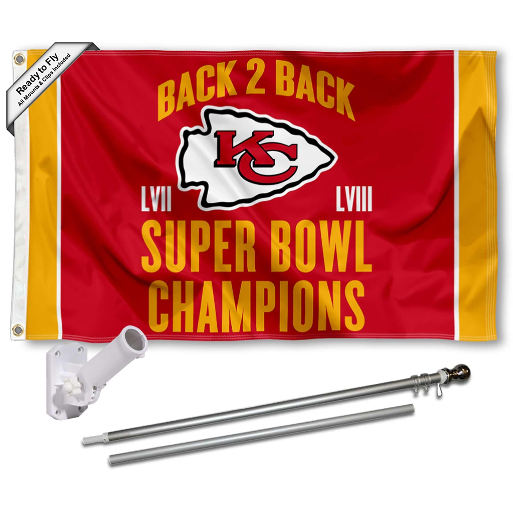 WinCraft Kansas City Chiefs Back to Back Super Bowl Champions Flag Pole and Bracket Mount Kit - Sports Collectibles, Sports Memorabilia, Sports Fan Shop, Sports Gifts