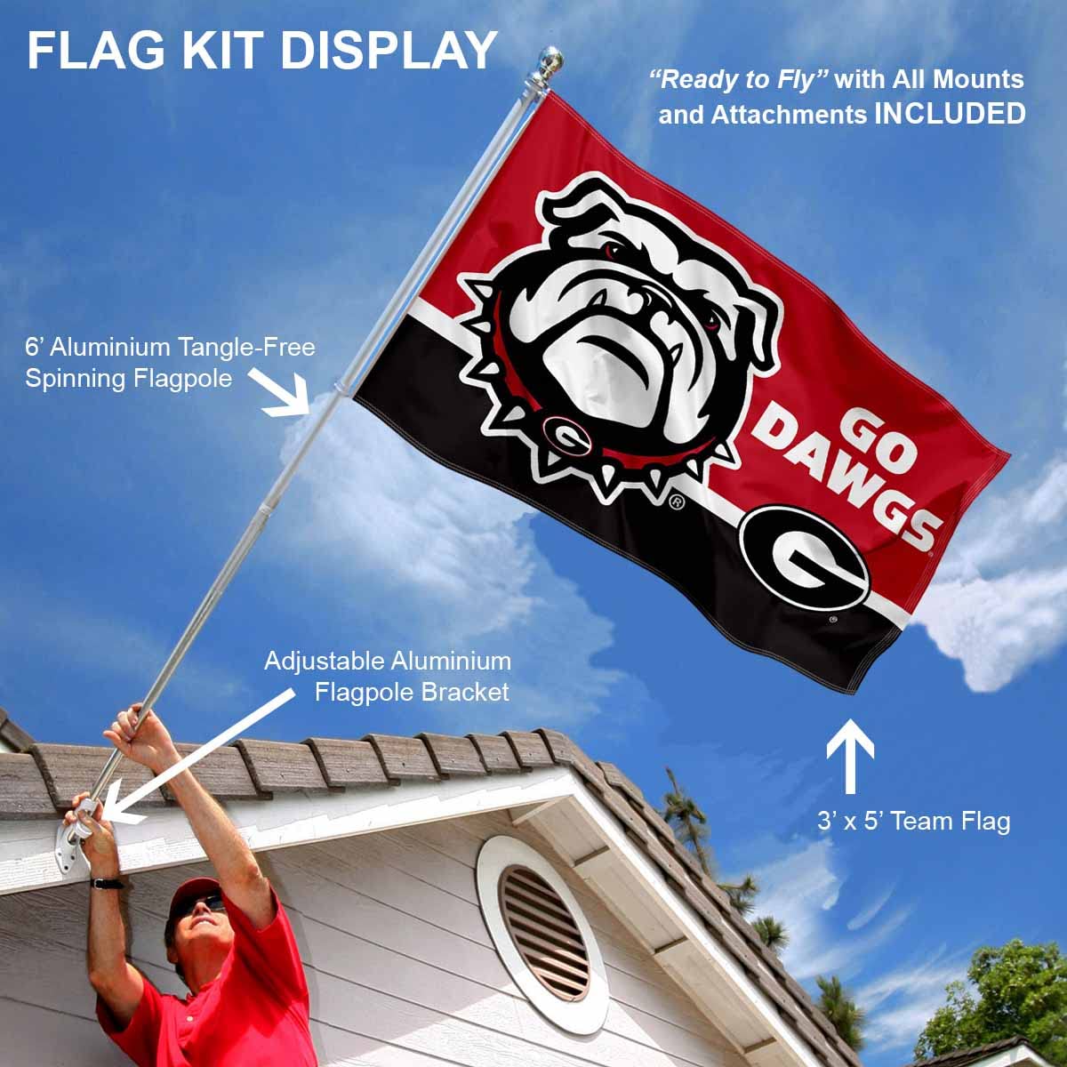 Georgia Bulldogs Go Dawgs Flag with Pole and Bracket Holder University Set - Sports Collectibles, Sports Memorabilia, Sports Fan Shop, Sports Gifts