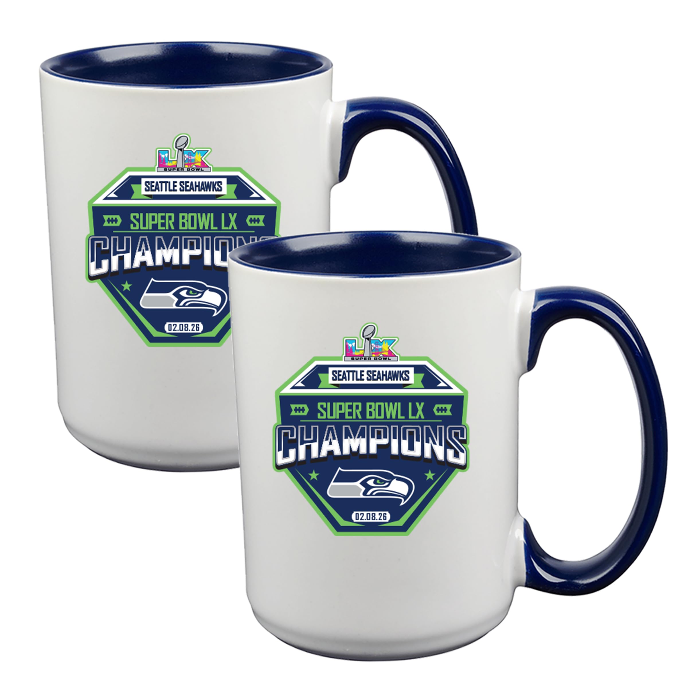 The Memory Company Officially Licensed NFL Seattle Seahawks 2026 Super Bowl LX Champions 2 Pack 15oz Ceramic Mug - Sports Gifts, Sports Memorabilia, Sports Collectibles, Fan Shop