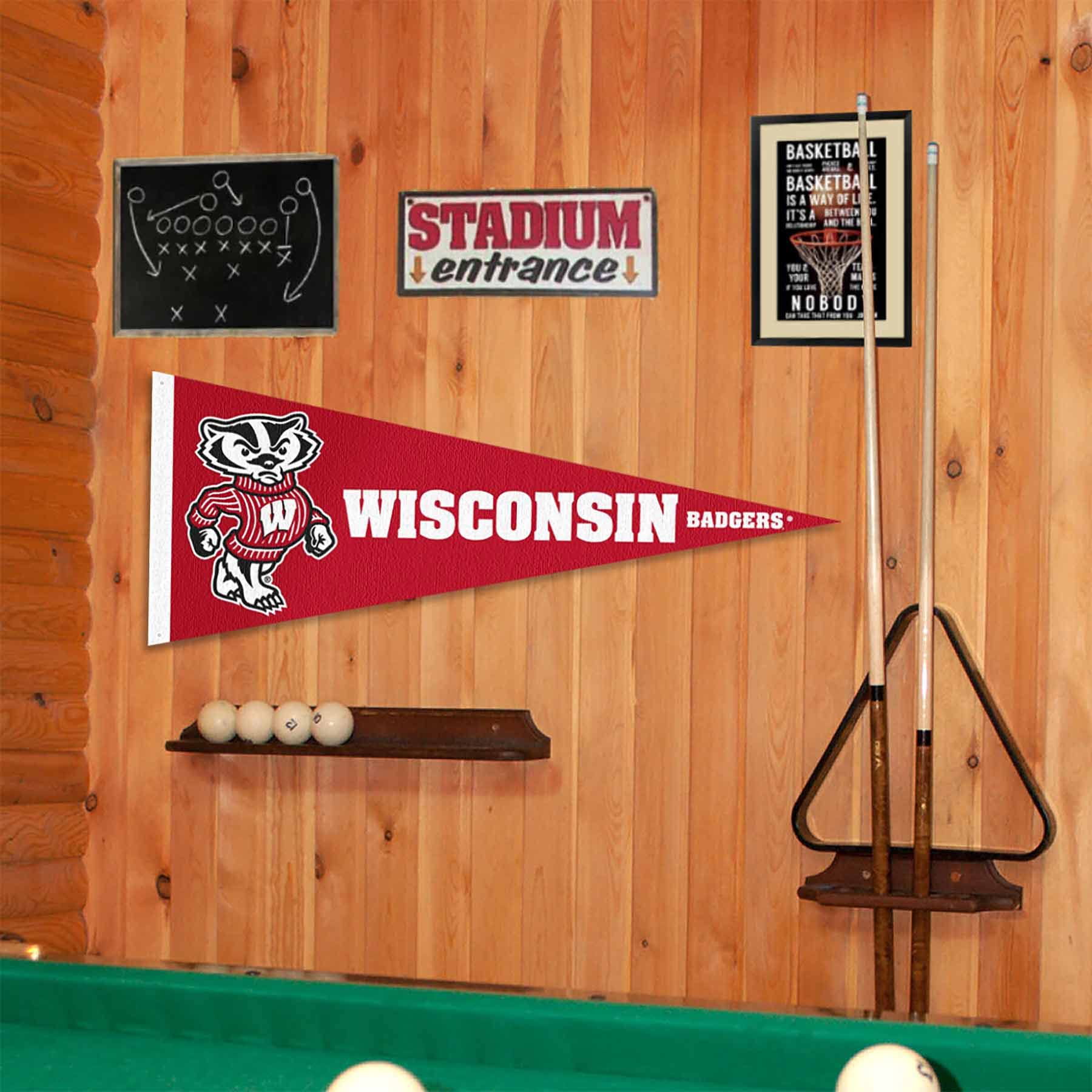 College Flags & Banners Co. Wisconsin Badgers Bucky Mascot Pennant Flag and Wall Tack Mount Pads - Sports Collectibles, Sports Memorabilia, Sports Fan Shop, Sports Gifts