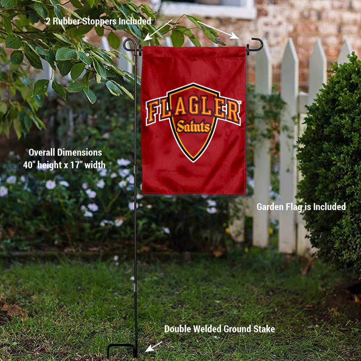 Flagler College Saints Logo Garden Flag and USA Flag Stand Pole Holder Set - Sports Collectibles, Sports Memorabilia, Sports Fan Shop, Sports Gifts