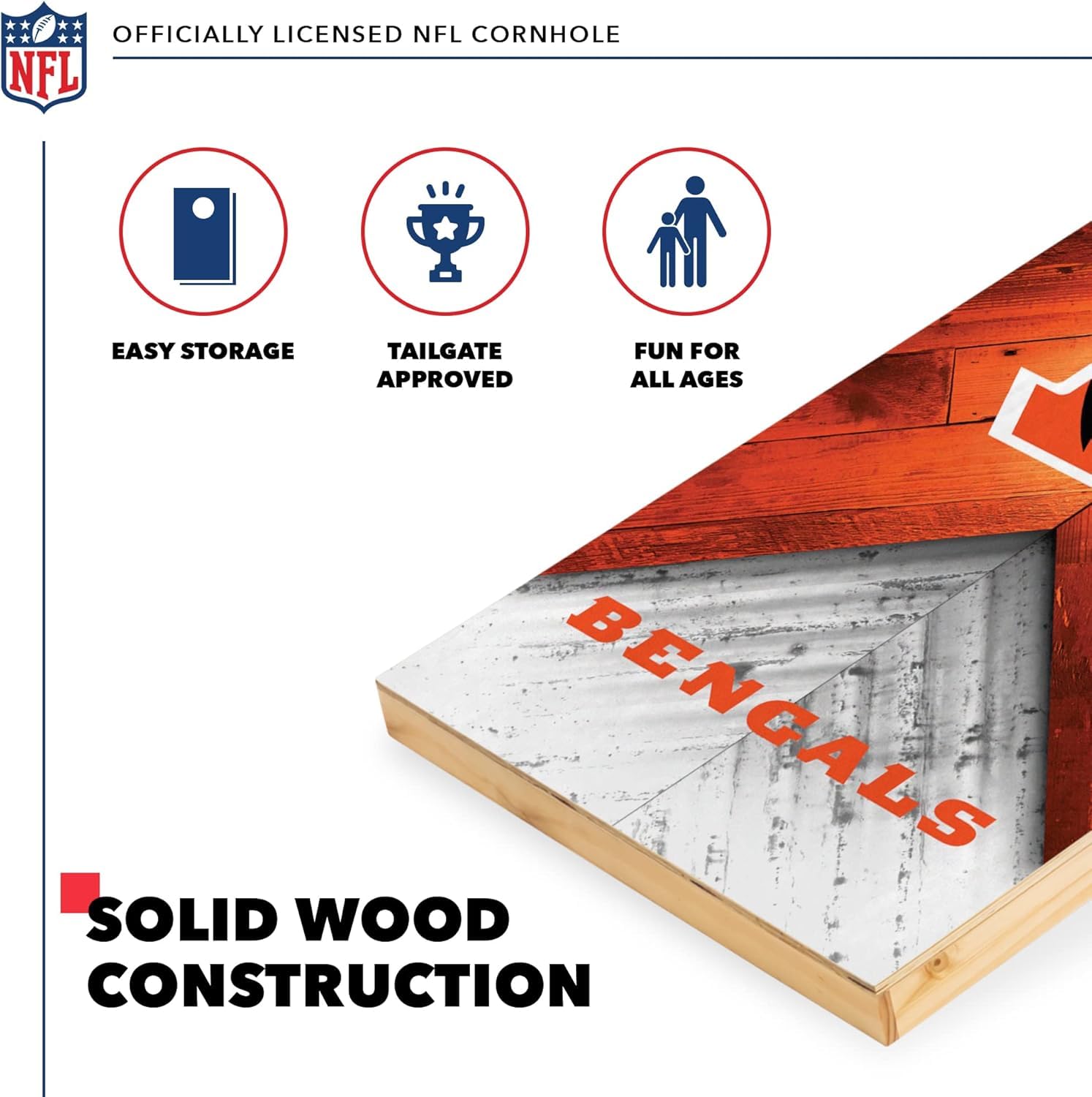 Wild Sports NFL Cincinnati Bengals 2' x 4' Regulation Size Solid Wood Cornhole Set with Direct Print HD Team Graphics - Sports Collectibles, Sports Memorabilia, Sports Fan Shop, Sports Gifts