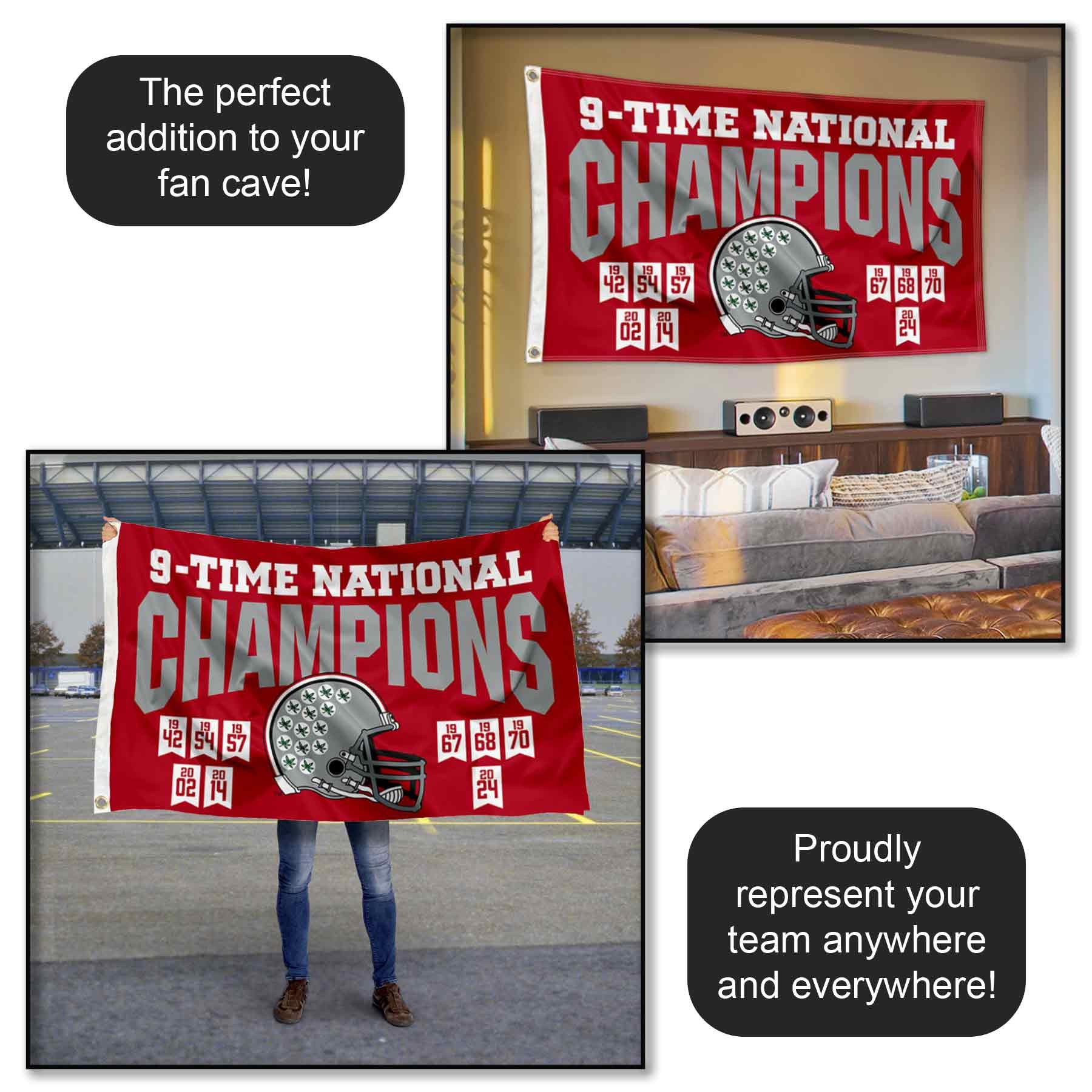 Ohio State Buckeyes 2024 and 9 Time National Champions Banner Flag - Sports Collectibles, Sports Memorabilia, Sports Fan Shop, Sports Gifts