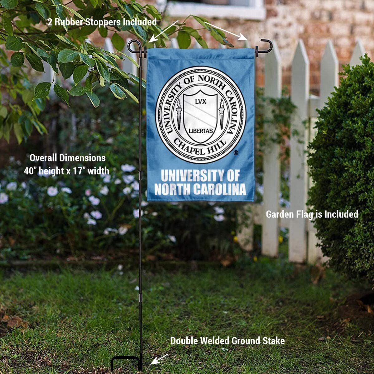 College Flags & Banners Co. University of North Carolina Crest Logo Garden Flag and Flag Stand Pole Holder Set - Sports Collectibles, Sports Memorabilia, Sports Fan Shop, Sports Gifts