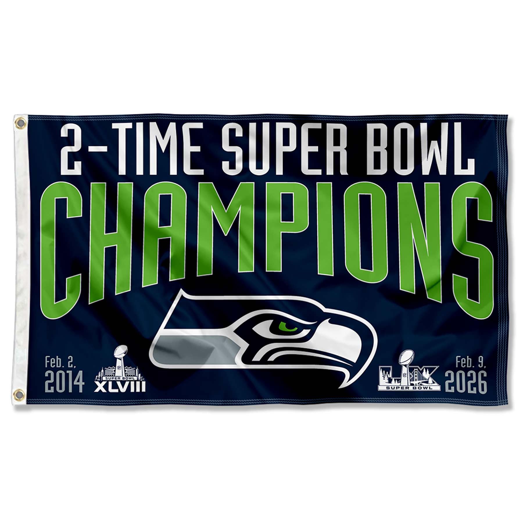 Seattle Seahawks 2 Time Super Bowl Champions Banner Flag - Sports Gifts, Sports Memorabilia, Sports Collectibles, Fan Shop