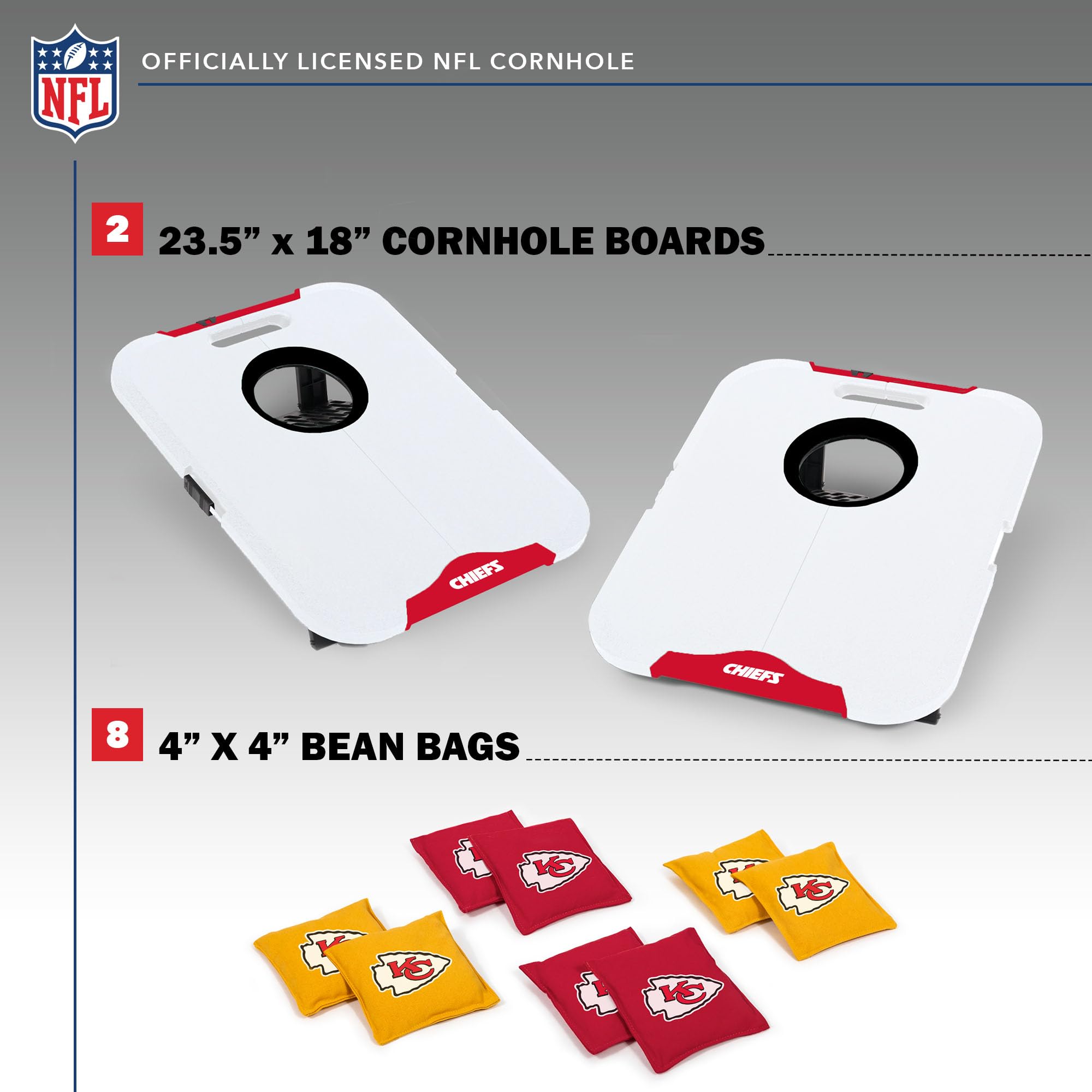 Wild Sports NFL Kansas City Chiefs Pro Football All-Weather Cornhole Set - Travel Bean Bag Toss Set Includes 8 Bean Bags - Sports Collectibles, Sports Memorabilia, Sports Fan Shop, Sports Gifts
