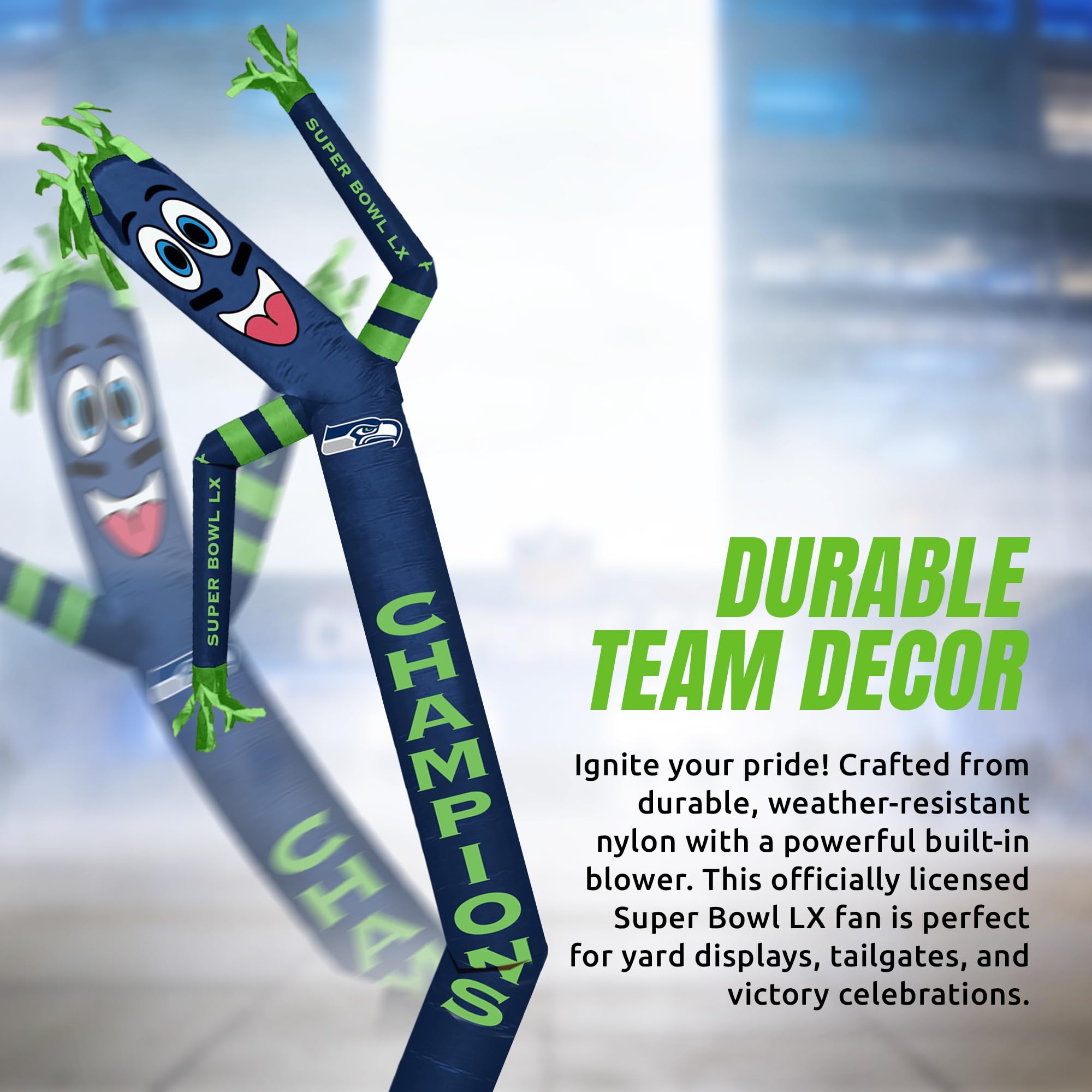 Seattle Seahawks Super Bowl 60 Champions Inflatable Crazy Sports Fan with LED Lights and Built-in Blower Air Wacky Dancers Outdoor Yard Decoration, Official NFL, 8 ft - Sports Gifts, Sports Memorabilia, Sports Collectibles, Fan Shop