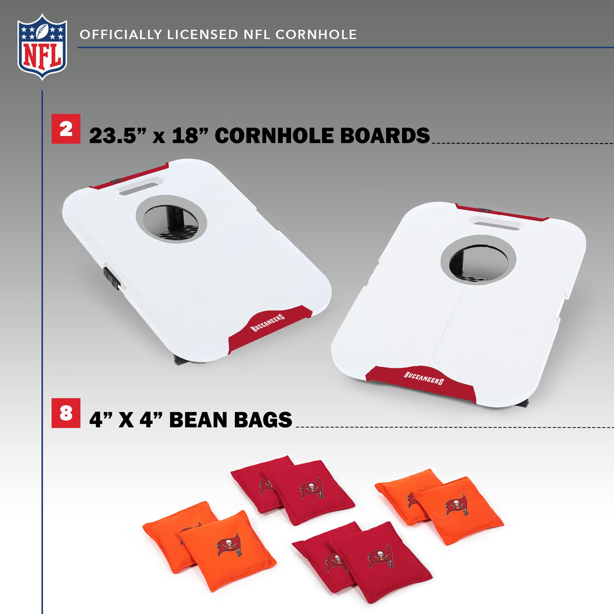 Wild Sports NFL Tampa Bay Buccaneers Pro Football All-Weather Cornhole Set - Travel Bean Bag Toss Set Includes 8 Bean Bags - Sports Collectibles, Sports Memorabilia, Sports Fan Shop, Sports Gifts